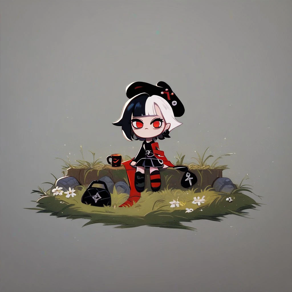 score_9, score_8_up, score_7_up, score_6_up, score_5_up, score_4_up, currant, black hair, white hair, red eyes, black shirt, black skirt, mismatched shoes, purse, black hat, ribbon, sitting, detailed background, grass, mug of tea