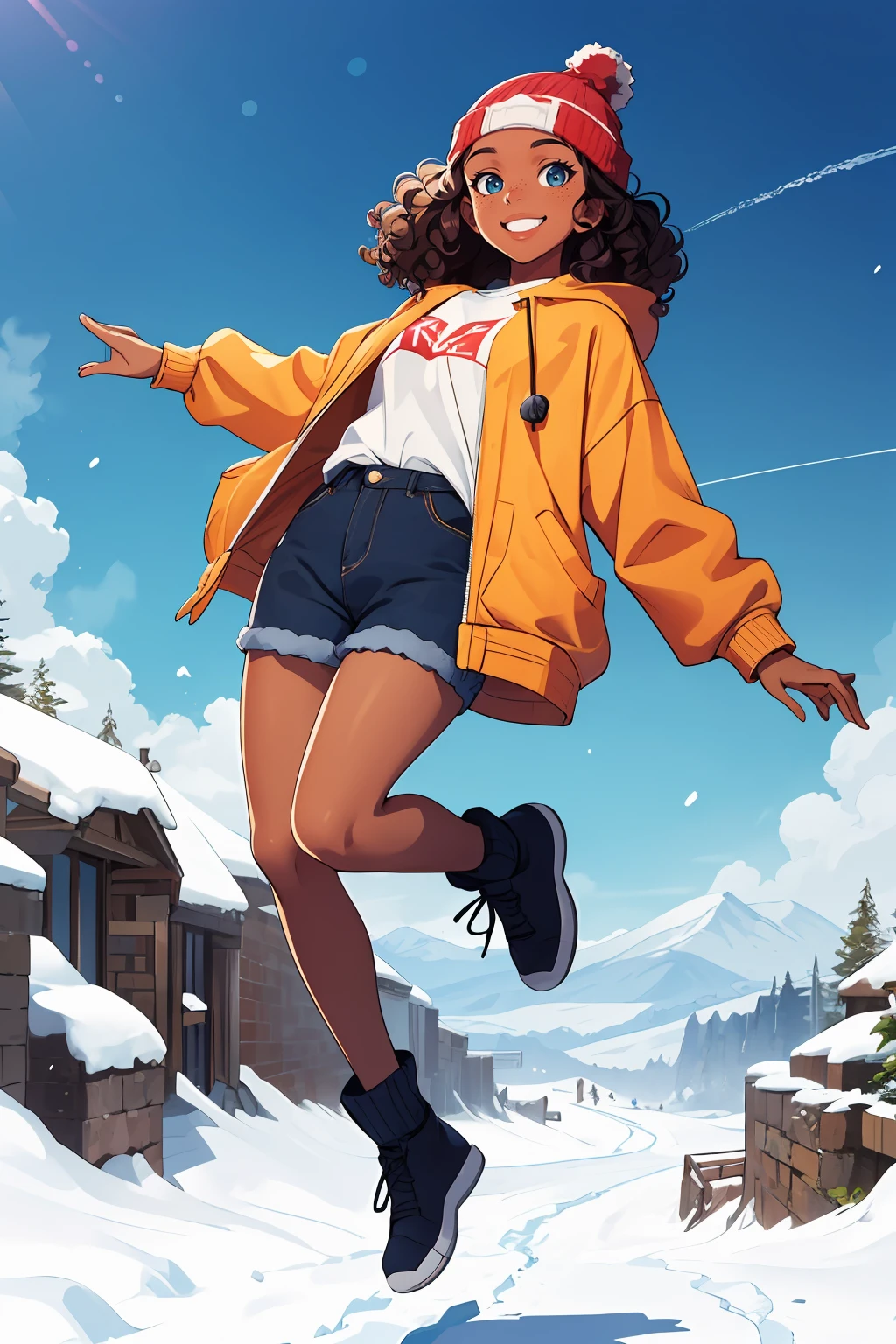 asterpiece,best quality,1 woman,oversized shirt,((jump ,on the sky, hand in pocket,)) full body,beanie,jacket,winter,curly hair,wavy hair,dark skin,freckles,looking at viewer,smile,street,fantasy,scenery, ,<lora:GoodHands-beta2:1>