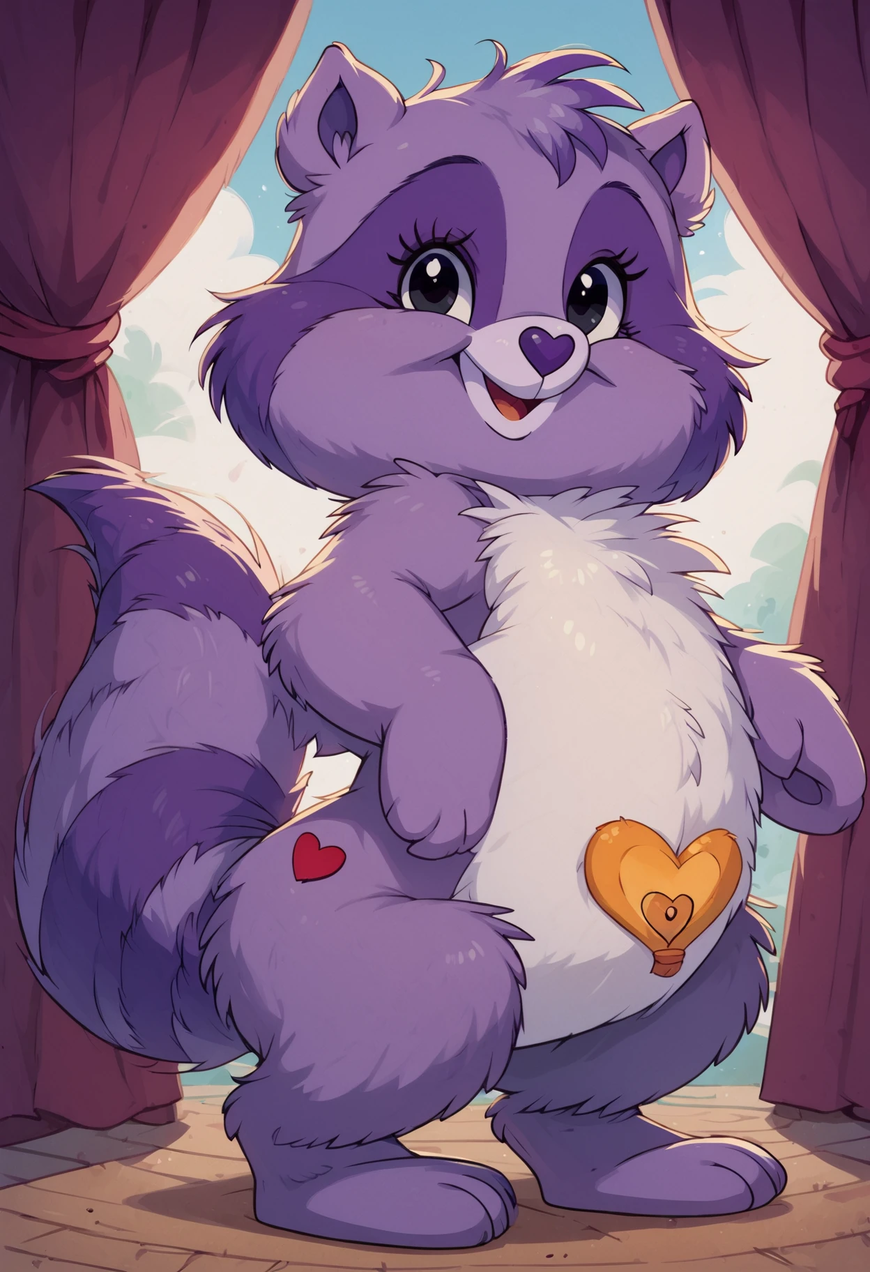 score_9, score_8_up, score_7_up, score_6_up, score_5_up, score_4_up,
1girl, feral, Bright Heart Raccoon, Care bear, black eyes, two color hair, purple and violet, two tone tail purple and violet, white belly, red butt heart, huge belly badge,
no fingers, fluffy chest, fluffy tail,
detailed, beautiful, vector, flat colors, seductive, cute eyes, looking at viewer,
standing, happy, winking,
MegaFluffyPony, furry,
full body shot
 <lora:OtherStyle_05V1:0.8> <lora:Bright_Heart_Raccoon_for_PonyXL_V1_1:1> <lora:MegaFluffyPony:1>