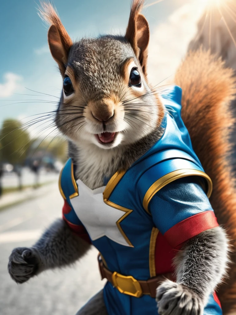 A high resolution photo of a realistic (25. A squirrel dressed like a superhero, striking a heroic pose but looking hilariously unsure of itself.|Woman)  (running:1.05) to the viewer whilst (Skepticism Raising an eyebrow and crossing arms in a defensive posture.),infront theres a person (Taking photos: Capturing images using a camera or smartphone.)) , (dynamic:1.1), sun rays,, (taken by 7.5mm fisheye lens:1.1) (looking to the right) the background is (
= With a rainbow nebula background elements . Epic dynamic lighting . =vibrant, highly detailed, psychedelic
 = ((Vivid, HDR, Canon50, 8K, Hyper Realistic, Dramatic, Epic, Dynamic Contrast, Cinematic Lighting)) (((Zoomed Out, Far away Shot))) = 
<lora:juggernautXL_version6Rundiffusion:0.8> <lora:crystalClearXL_ccxl:0.8> ((Vivid, Epic, Dynamic contrast)) (((Zoomed out, Far away shot, In frame)), 
 <lora:extremely_detailed:0.8> extremely detailed, - Generate images with sharp edges and fine details.
- Produce high-resolution images with no blurriness or distortions.
- Create images with clear and well-defined subjects.
- Ensure that the output images have crisp lines and distinct features.
- Generate images with vibrant colors and accurate tones.
- Avoid noise or artifacts in the generated images.
- Focus on producing clear textures and patterns in the images.
- Emphasize clarity and definition in all aspects of the generated images.
- Prioritize the sharpness and clarity of the main subjects in the images.
- Optimize the AI model to produce clear and visually appealing images., By art germ, Wlop