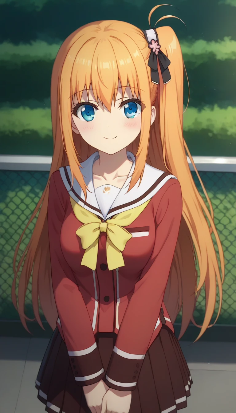 score_9,score_8_up,masterpiece,best quality,correct anatomy,anime_source,1girl,solo,perfect eyes,perfect arms,perfect legs,perfect face,outdoors,upper body,(portrait:1.5),looking at viewer,facing viewer,smile,blush,Nishimori Yusa,very long hair,orange hair,one side up,hair ornament,hair ribbon,black ribbon,sidelocks,hair between eyes,bangs,blue eyes,collarbone,school uniform,white sailor collar,red shirt,yellow bowtie,yellow ribbon,long sleeves,medium breasts,miniskirt,red skirt,pleated skirt,zettai ryouiki,white thighhighs,loafers,brown footwear,<lora:Nishimori Yusa(cl)-Pony:1.6>,