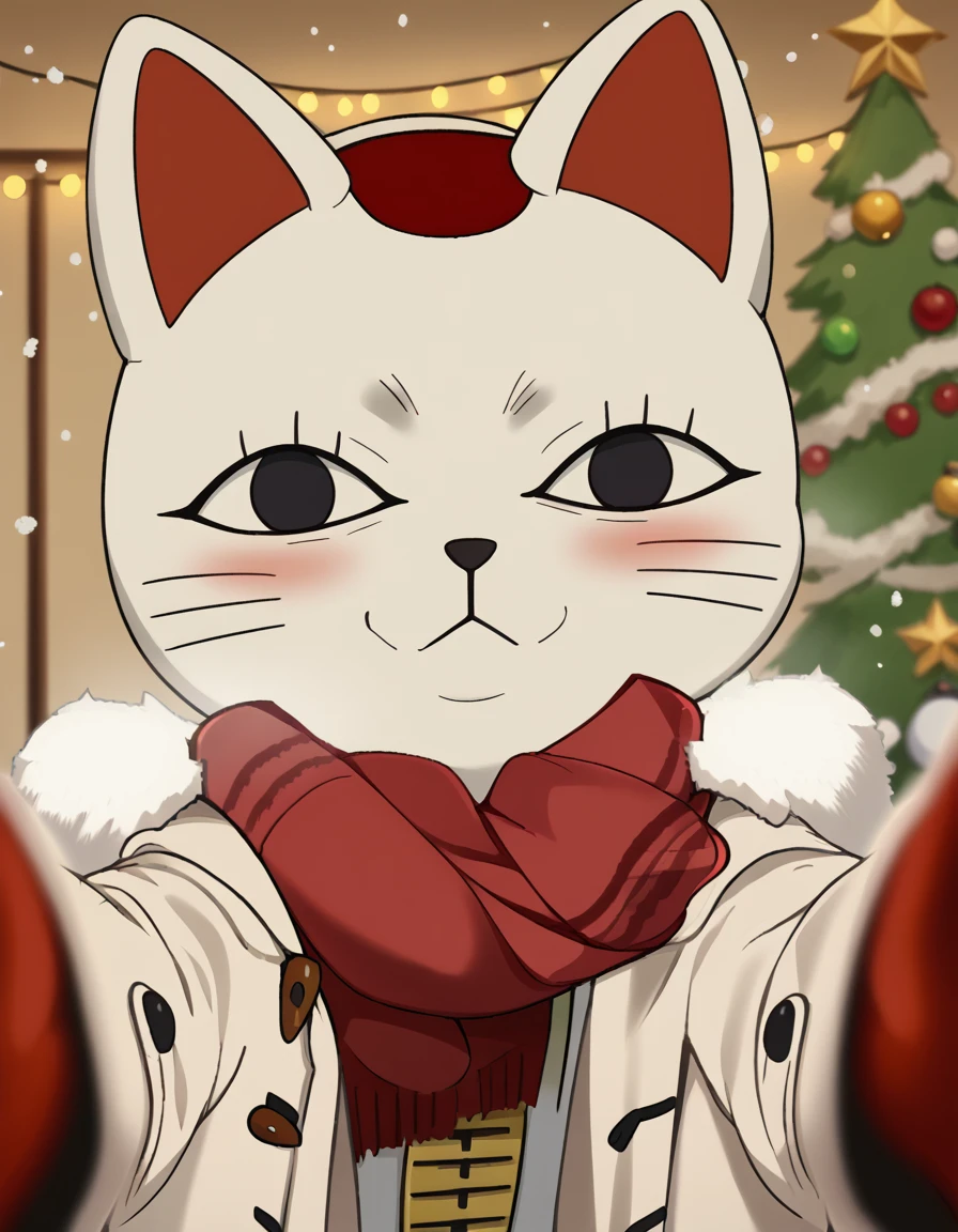 score_9, score_8_up, score_7_up, source_anime, <lora:turbo-granny-s1-ponyxl-lora-nochekaiser:1>, turbo granny, animal ears, cat ears, black eyes, no humans, cat, furry, animal focus, white fur, whiskers, maneki-neko, anime screencap,, <lora:pov-cheek-warming-ponyxl-lora-nochekaiser:1>, pov cheek warming, pov cheek warming (meme), winter gloves, duffel coat, fur-trimmed scarf, winter clothes, red mittens, meme, winter coat, red scarf, fur-trimmed coat, reaching towards viewer, reaching, mittens, fur-trimmed hood, white coat, open coat, scarf, coat, red gloves, snowing, pov, fur trim, depth of field, smile, blush,, christmas, christmas tree, christmas lights,, , dutch angle, cowboy shot