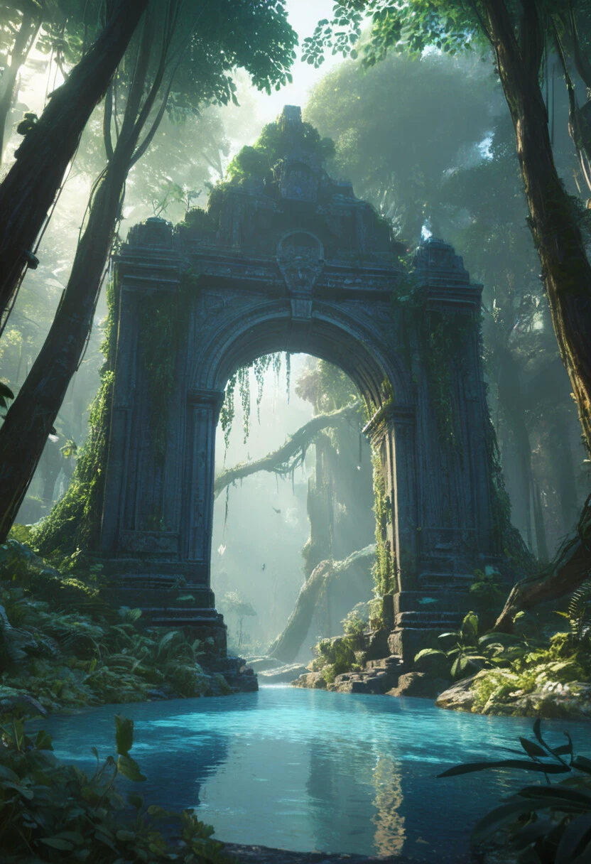 (Digital Artwork:1.3) of (Sketched:1.1) octane render of a mysterious dense forest with a large (magical:1.2) gate (portal:1.3) to the eternal kingdom, blade runner, intricate (vine:1.2), massive tree in liquid metal, realistic digital painting portrait, shot at 8k resolution, petrol liquid, pastel color, splash art, blue and purple magic universe, light engrave in intricate details, (light particle:1.2), (game concept:1.3), (depth of field:1.3), global illumination,Highly Detailed,Trending on ArtStation