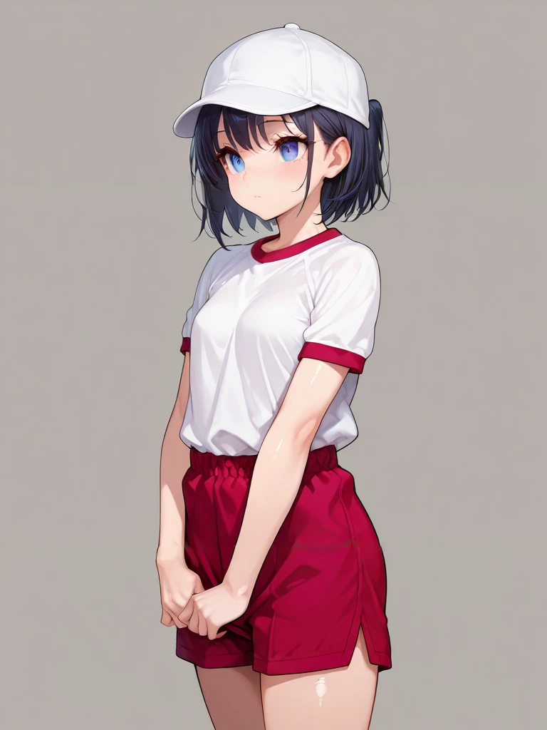 masterpiece,amazing quality,best quality,ultra-detailed,8K,illustration,CG,shiny hair,clear skin,ultra-detailed-eyes,simple background,cute girl, eyelashes <lora:taisoufuku_illustrious_V1.0:1>jyojifuku, white shirt,  short sleeves, shorts, gym uniform,baseball cap