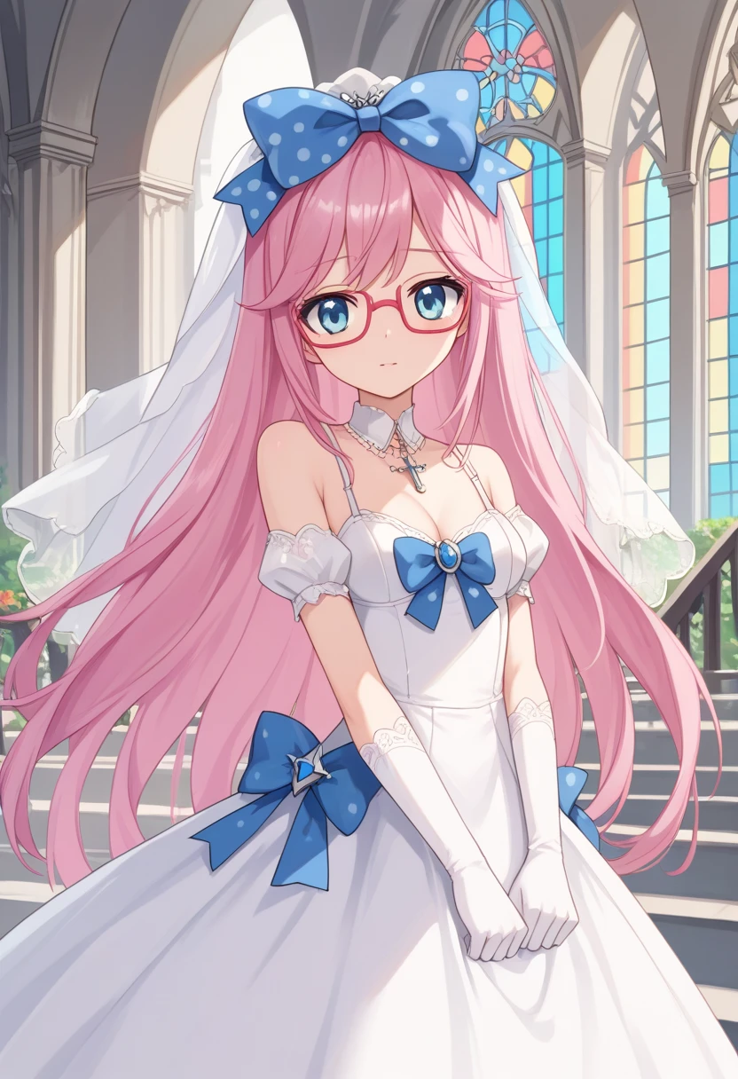 score_9, score_8_up, score_7_up, score_6_up, score_5_up, BREAK
humanluna, 1girl, solo, skirt, red-framed eyewear, long hair, blue eyes, pink hair, church, wedding dress, wedding veil, polka dot bow