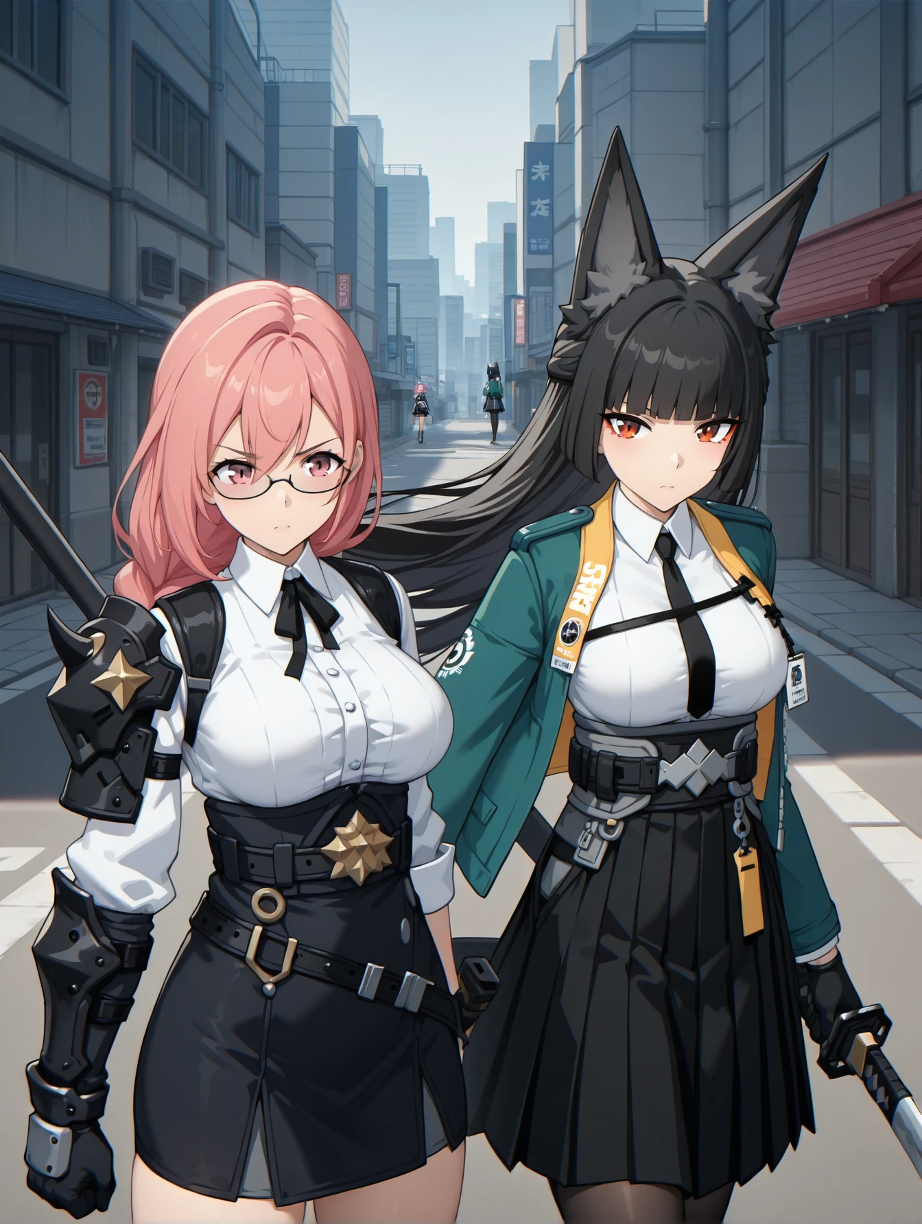 <lora:yanagi-miyabi-zzz-illustrious:1> 2girls, serious, incoming attack, street, city, masterpiece, best quality, cinematic lighting
2girls, yanagi, pink eyes, pink hair, semi-rimless eyewear, dress shirt, collared shirt, black neck ribbon, shoulder armor, underbust, belt, black gloves, id card, high-waist skirt, polearm
2girls, miyabi, red eyes, green jacket, necktie, black necktie, white shirt, id card, hakama skirt, pantyhose, katana