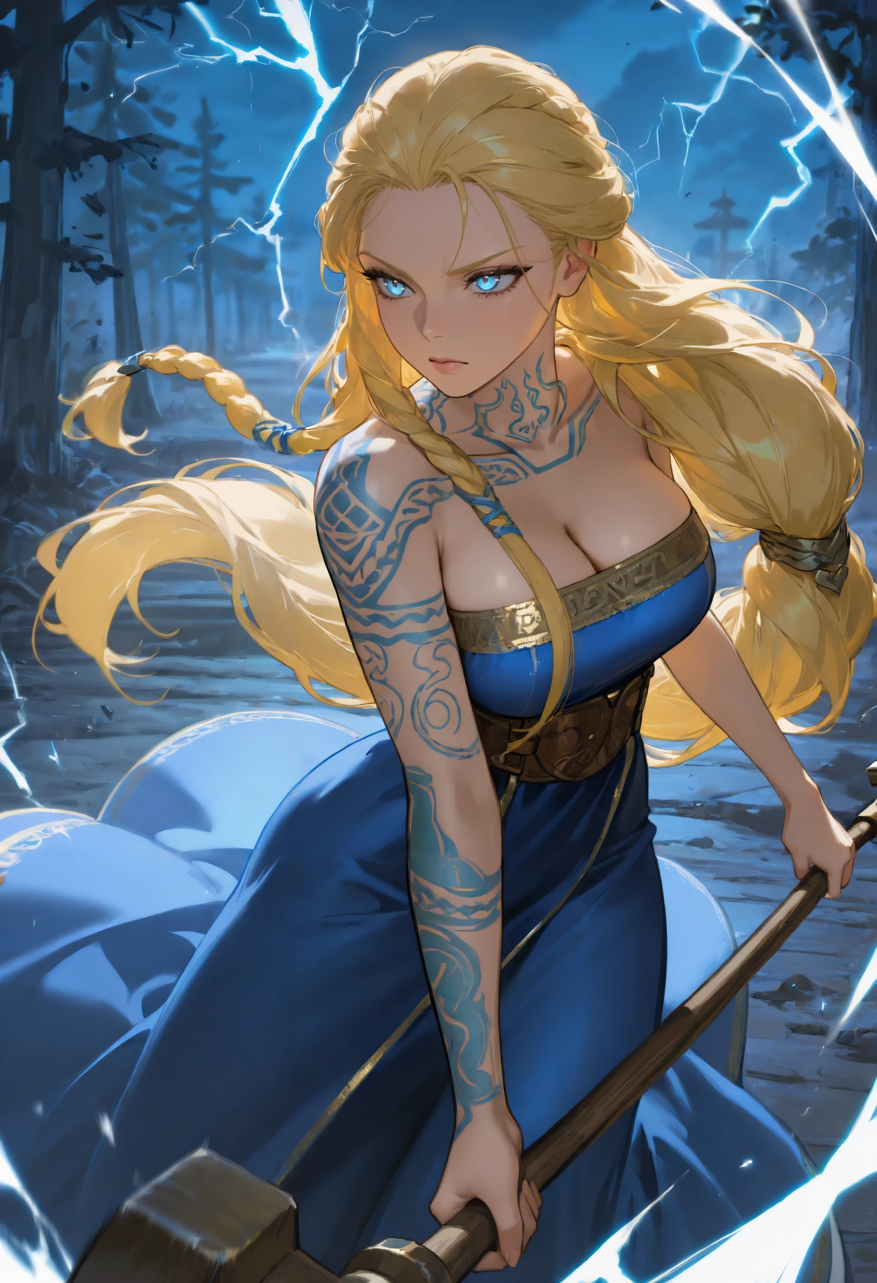 masterpiece, best quality, newest, absurdres, highres, thunder, dark, outdoors, night, 1girl, solo, gow_sif, blue eyes, single braid, very long hair, blonde hair, hair over shoulder, arm tattoo, neck tattoo, hair ornament, bare shoulders, strapless, collarbone, blue dress, long dress, gold trim, belt around waist, brown belt, serious, holding war hammer, incoming attack, foreshortening, dynamic pose, motion blur, glowing tattoo  <lora:gow_sif_Illustrious-000007:1>