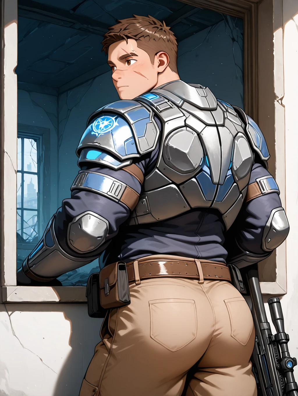 <lora:JD_Fenix_IL:0.95>  jd_fenix, brown hair, short hair, face scar, muscular, bara, chubby, armor, brown pants, belt, brown eyes, cowboy shot, from back, window, looking to window, indoor, ruins war, sniper rifle, masterpiece, best quality