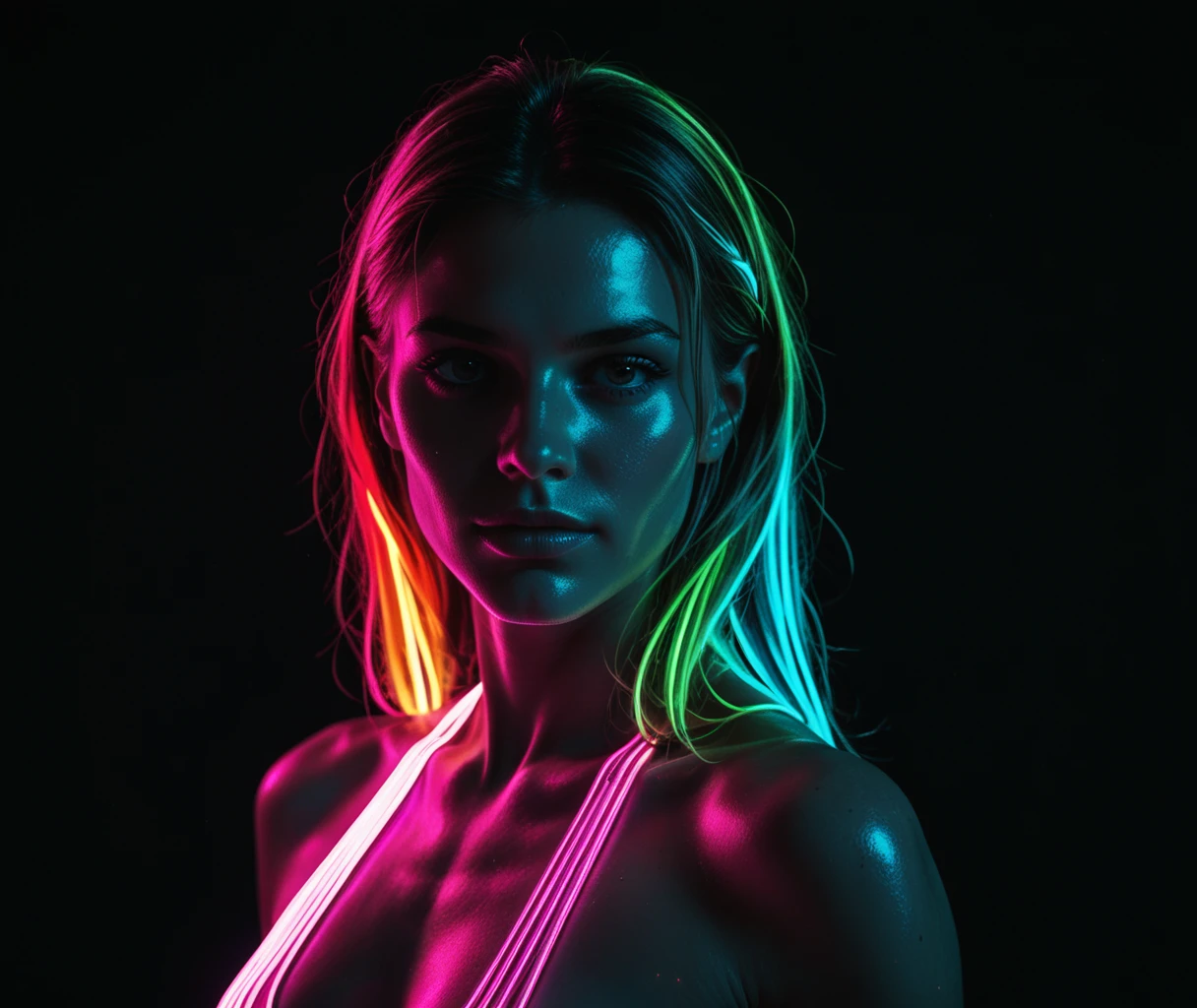 girl, dark background, thin, fine, glossy, vivid neon colors, beautiful face, shiny contours, perfect physique, female, rainbow neon accents, intricate silhouette, simple background, score_5_up