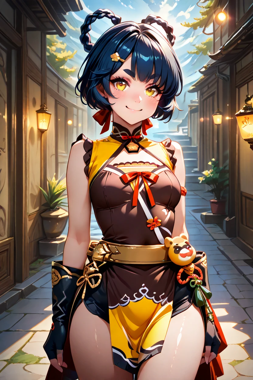 masterpiece, best quality, solo, curvy, beautiful eyes,,<lora:XianglingGenshinIXL:1.0>, zzXiangling, yellow eyes, black hair, blue hair, hair ornament, hair rings, hairclip, short hair, braid, chinese clothes, gloves, dress, sleeveless, bare shoulders, fingerless gloves, twin braids, china dress, cowboy shot, hand on hip, smug, smile, looking at viewer, shiny skin,<lora:RealisticAnimeIXL_v2:1.0>, shiny skin, bokeh, luminescent background,