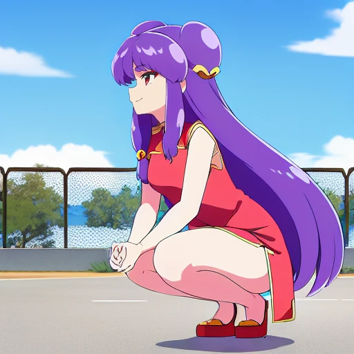 ShampooChan, 1girl,blue sky,solo, alone,  chain link fence, Chinese dress, Chinese clothing, cloud, day, double bun, dress, fence, hair bell, hair ornament, long hair, outdoors, outstretched hand, pavement, purple hair, red eyes, sky, smile, alone, squatting, tile floor, tree, very long hair,redshdress<lora:xhampoochan-05:0.8>, medium breast, short dress, sexy dressâââ