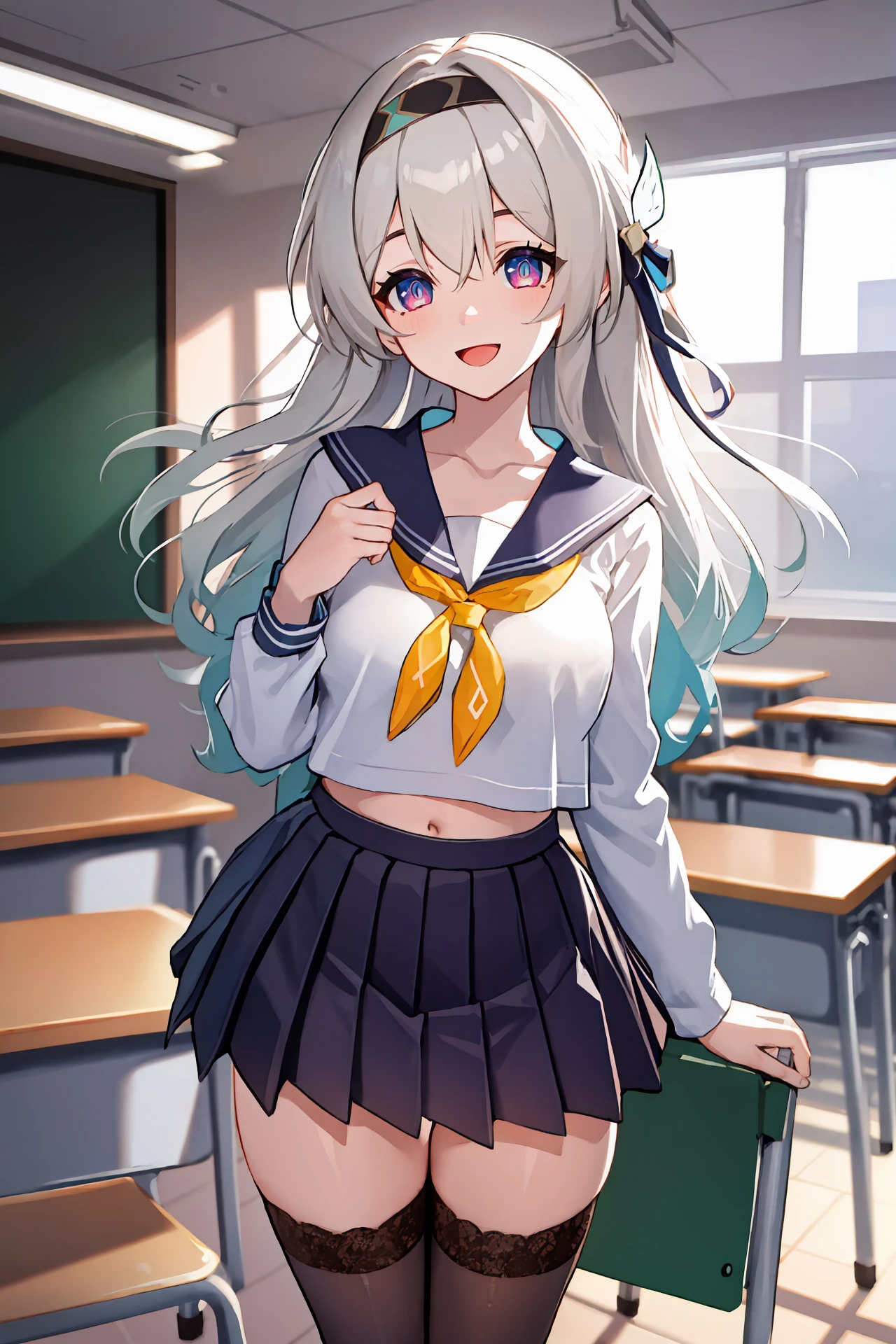 1girl, firefly \(honkai: star rail\), hairband, solo, serafuku, sailor collar, pleated skirt, white thighhighs, looking at viewer, light smile, cowboy shot, smile, open mouth, classroom, indoors, depth of field