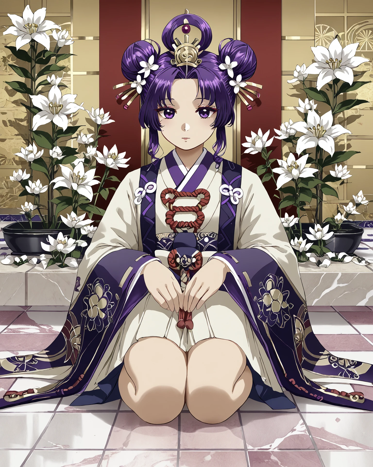 1girl, amateco, sitting, purple hair, hair buns, white flowers, tile floor, ornate, masterpiece, highest quality, absurdres, digital art, score_9, score_8_up, score_7_up, <lora:AmaterasuCore_XL-000011:1.1>,  <lora:by_nekomori_maririn-pony:1> by Nekonomori Maririn