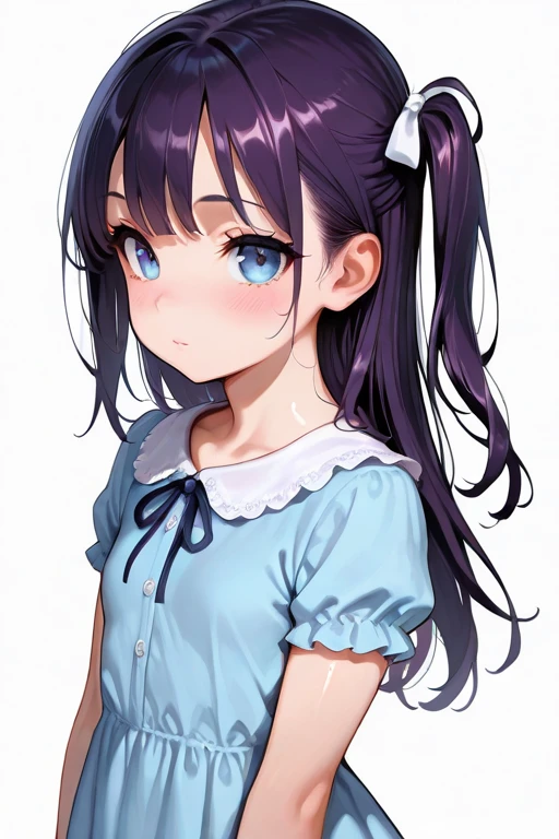 masterpiece,amazing quality,best quality,ultra-detailed,8K,illustration,CG,shiny hair,clear skin,ultra-detailed-eyes,simple background,cute girl, petite girl,eyelashes,kawaii,purple hair,long hair,one side up hair,bangs,white-blue eyes,small breasts,real skin, <lora:jyoji one piece_illustrious_V1.0:0.7> jyojifuku, dress, short sleeves,ribbon,frills