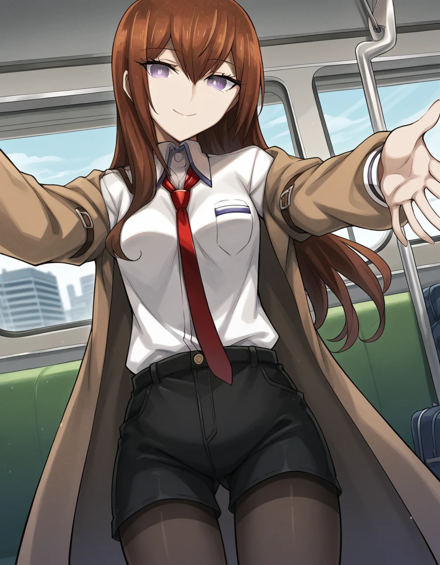 score_9, score_8_up, score_7_up, source_anime, <lora:kurisu-makise-ingame-ponyxl-lora-nochekaiser:1>, kurisu makise, hair between eyes, hair over shoulder, long hair, purple eyes, red hair, straight hair, mature female, small breasts,, black pantyhose, black shorts, brown coat, coat, collared shirt, long sleeves, necktie, pantyhose, pantyhose under shorts, shirt, short shorts, shorts, sleeves past wrists, white shirt, wing collar,, train station, waiting for train, suitcase, traveling, commute, city skyline, hands behind back, smile, on back, arm support, arms up, incoming hug, pov, reaching, reaching towards viewer,, looking at viewer, solo,, dutch angle, cowboy shot