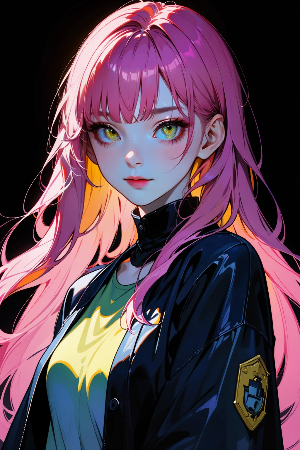 hezi,brilliant color,brush texture,beauty1girl,photography,masterpiece,best quality,8K,HDR,highres,absurdres:1.2,1girl,solo,multicolored_hair,pink_hair,shirt,long_hair,bangs,upper_body,jacket,looking_at_viewer,<lora:çº¯å½©ç»ä¸½è´¨æ-000016:0.65>,