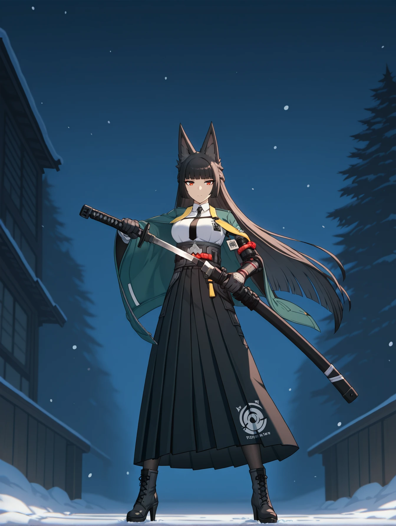 <lora:yanagi-miyabi-zzz-illustrious:1> miyabi, red eyes, green jacket, necktie, black necktie, white shirt, id card, hakama skirt, pantyhose, katana, high heel boots
1girl, solo, unsheathing, serious, snow, night, dramatic, cinematic lighting, masterpiece, best quality