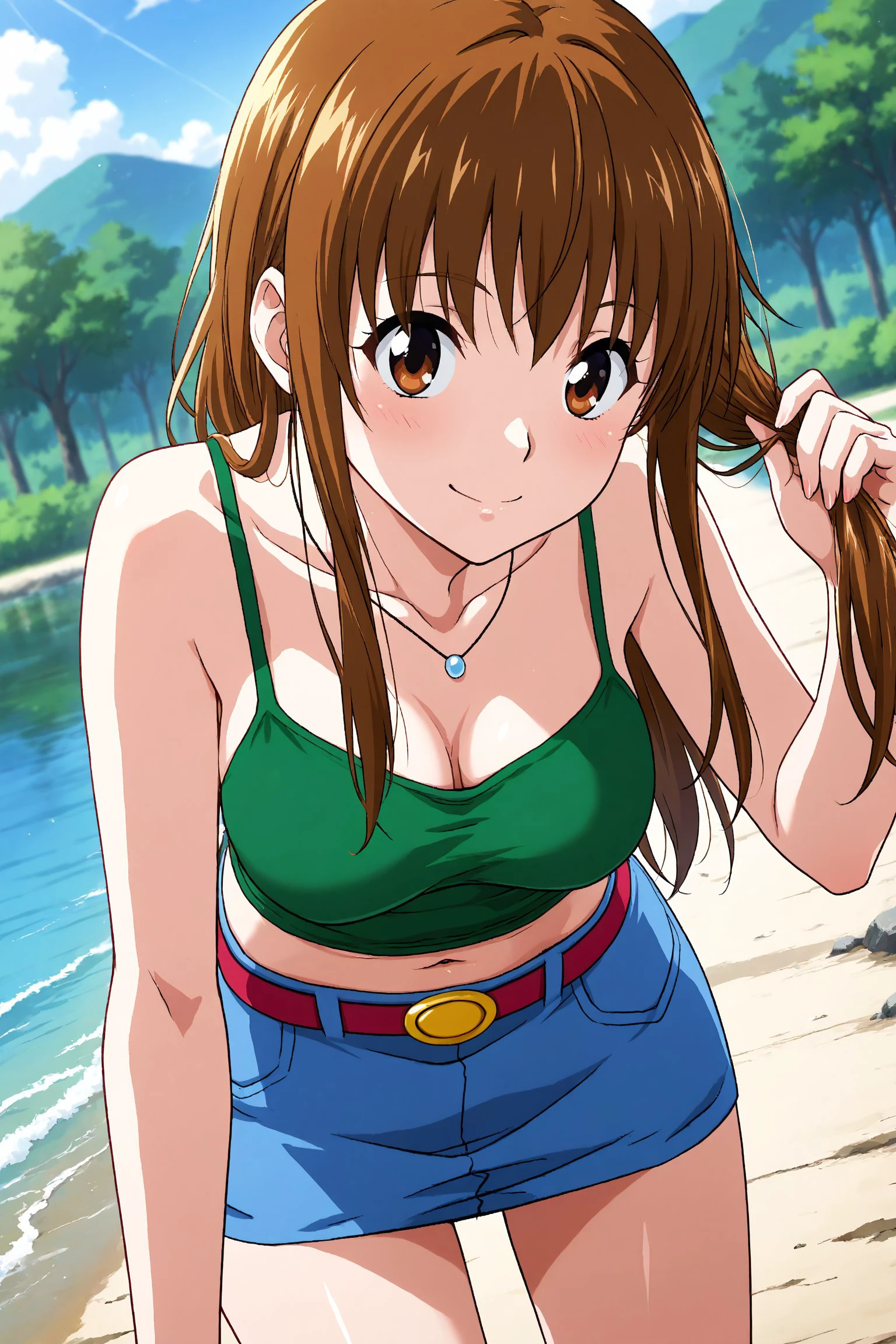 depth of field,light particle,light dramatic,high quality,masterpiece,anime screen capture, danbooru,BREAK one girl, Dutch angle, BREAK megumi, brown hair, long hair, brown eyes, gold buckle, green camisole, necklace, denim skirt, belly button, red belt, BREAK standing, touching hair with one hand, leaning forward, smiling, mouth open, BREAK campsite, lakeside, sunny day