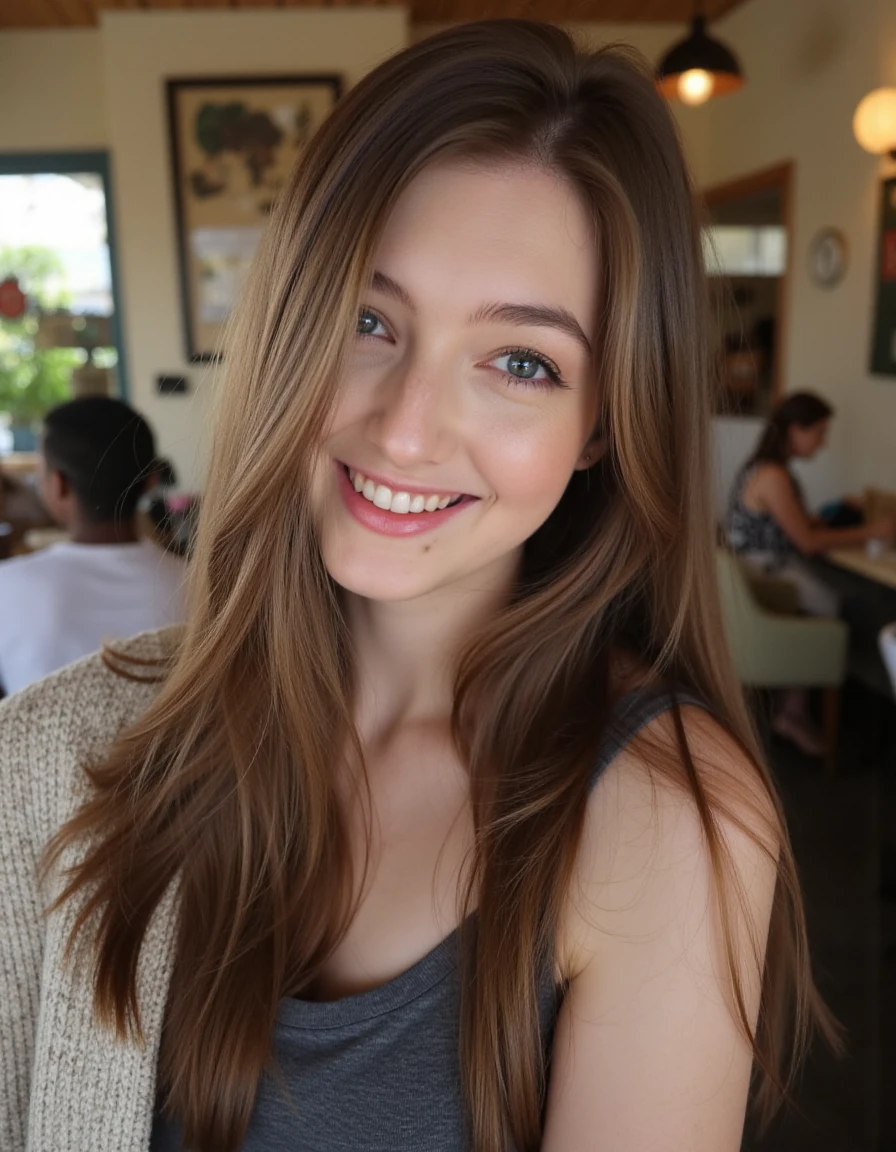 This is an image of S0PH14, a beautiful detailed photograph, hair cascading, makeup, wearing casual clothes, standing in a cafe looking at the viewer, smiling, showing her teeth.