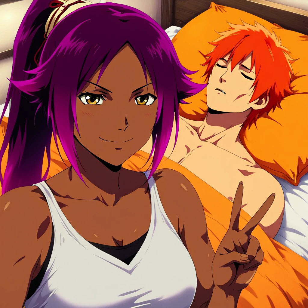 PaintedComicStyleIL.V-2.0, Masterpiece, best quality, anime, anime style, GuyTiredAfterShrex-IL 1girl, Yoruichi, dark-skinned female, purple hair, ponytail, standing, peace sign, BREAK 1boy, orange hair, Ichigo Kurosaki, tired, lying, lying on bed, closed eyes,