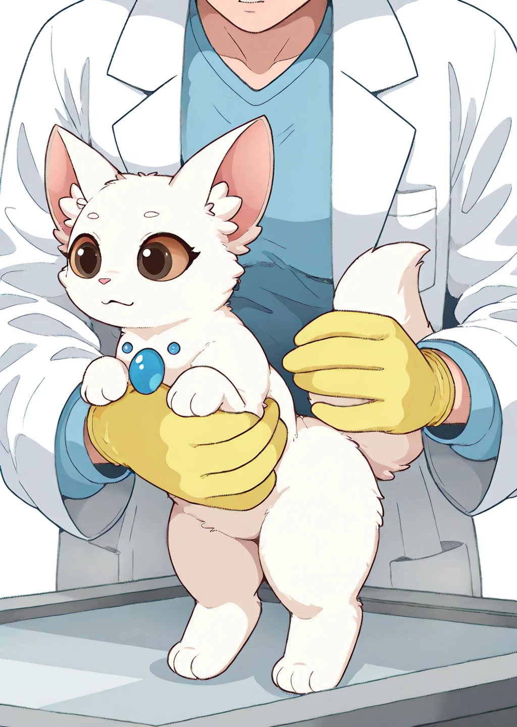 perfect quality, best quality, sfw, detailed, (vetcheck, human, 1girl, veterinarian, lab coat, rubber gloves, inspection, hands, holding animal, animal focus, inspection table:1.2), cute female furry feral (puremukit:1.4), cat, white fur, blue details, brown eyes, fox tail, <lora:Philikkahn_Illustrious-000012:1> philikkahn, feral, chest gem  <lora:Veterinarian_inspection:0.7>