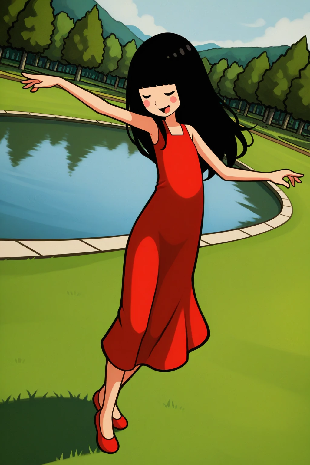 masterpiece, best quality, amazing quality, absurdres, solo, rhythmfevergirl, smile, dancing, open mouth, dutch angle, closed eyes, black hair, long hair, red dress, dot eyes, blush stickers, outdoors, park, lake, grass, stage