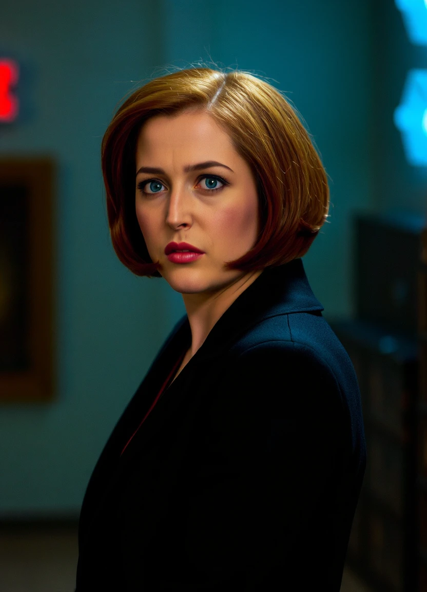 Portrait of agentscully, 30 year old woman, red hair, cinematic, short red hair, bob cut hairstyle,