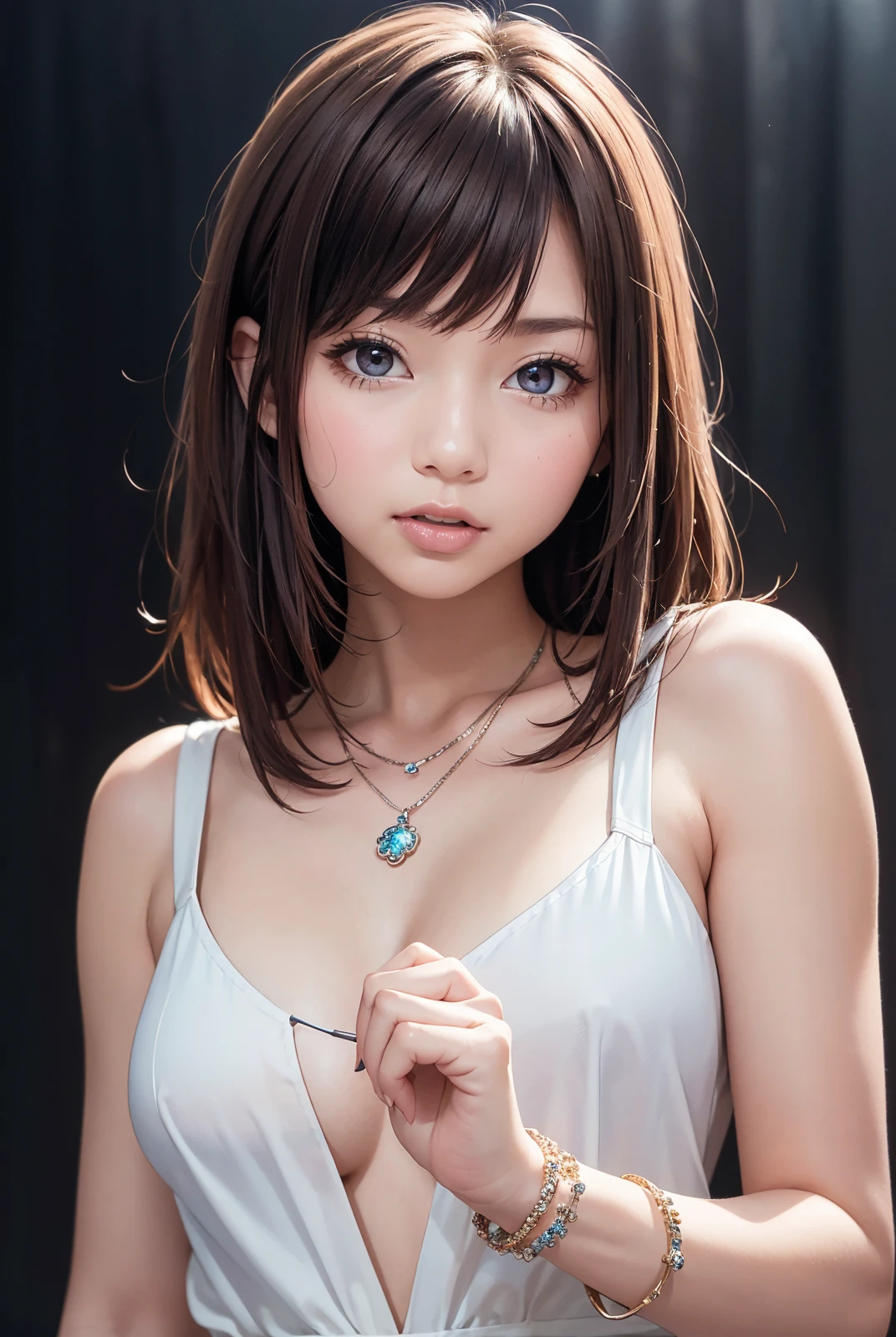 (masterpiece:1.4), (best quality:1.4), beautiful, detailed eyes, extremely detailed, feminine features, perfect body, very detailed face, Depth of field, extremely detailed CG, 8k, wallpaper, 1girl, detailed background, clear face, shiny skin, beautiful face, (esp. of a woman), a tall figure, BREAK (from front, Far-reaching, upper body, medium tits, standing, model posing, looking at viewer:1.3), (brown hair, medium hair, bangs, ecstasy, bright eyes:1.2), clavicle, broad shoulder, bracelet, ear pendants, necklace, jewelry, hair ornament, (ah1, perfect fingers), BREAK