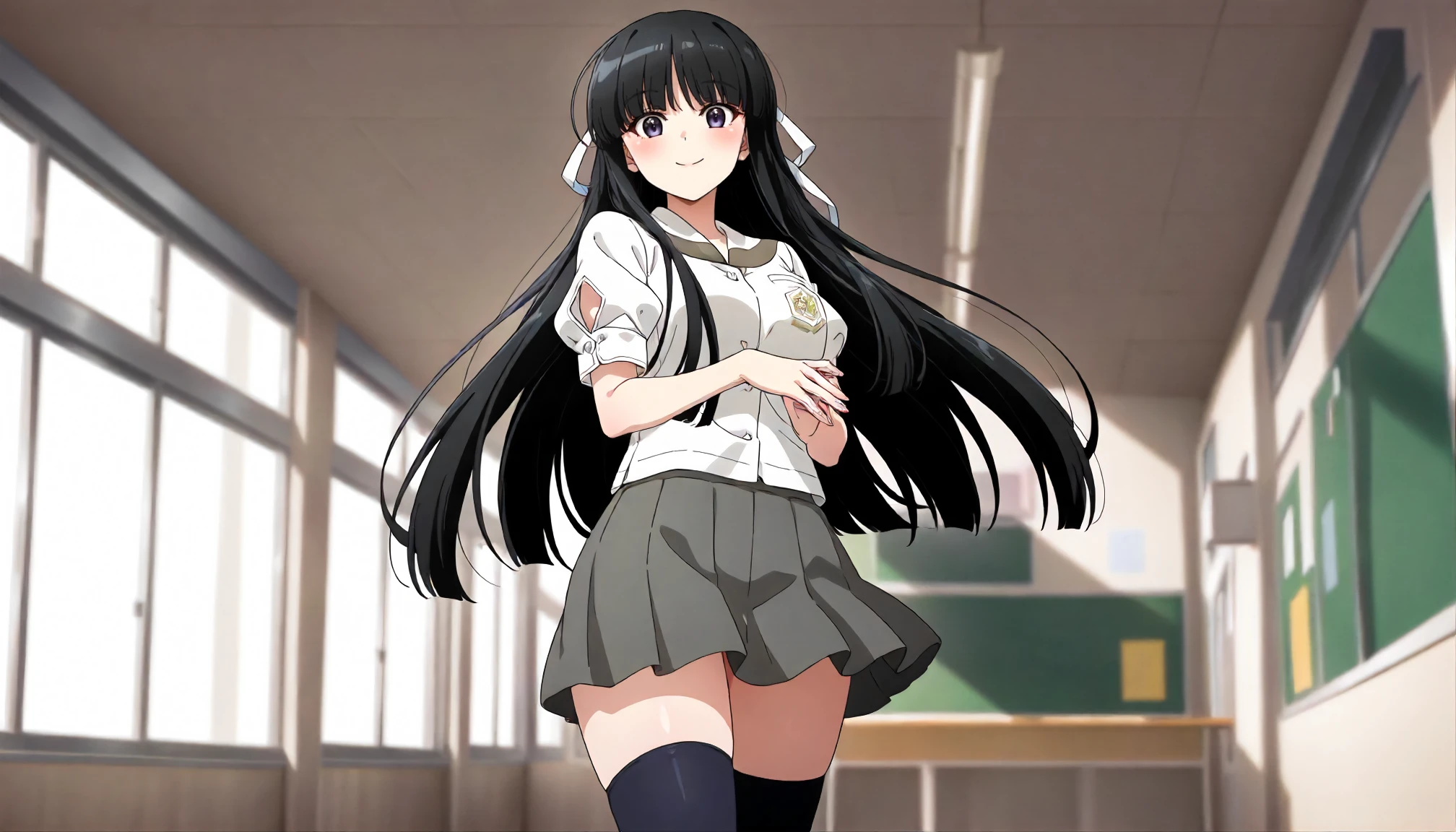 <lora:YnS_Migiwa_KazuhaXLIllustrious001>,
masterpiece,best quality,good quality,newest,
detailed background,glitter,
smile,
looking at viewer,
solo,
Migiwa_Kazuha\(Yosuga no Sora\),anime coloring,1girl,black hair,long hair,hair ribbon,purple eyes,black eyes,
school_uniform,puffy_sleeves,short_sleeves,
pleated_skirt,gray skirt,
black_thighhighs,
standing,