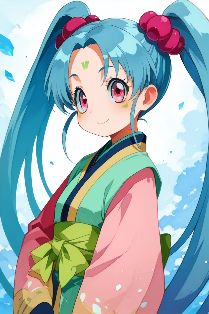 masterpiece, best quality, solo, beautiful eyes,zzSasami, twintails, long hair, forehead mark, hair ornament, blue hair, facial mark, hair bobbles, pink eyes, long sleeves, japanese clothes,   ,<lora:SasamiIXL_v2:1.0>,   upper body, side view, smile, looking at viewer, shiny skin,<lora:HaradaTakehitoIXL_v3:1.3>, <lora:ZankuroIXLLight_v2:0.6>,