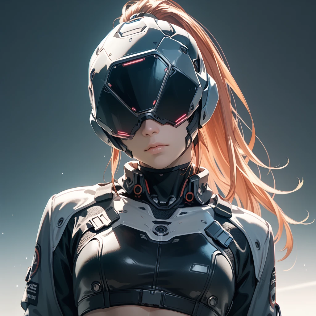 score_9, score_8_up, score_7_up, best quality, high detail, science fiction, 1girl, stdt001, helmet, covered eyes, head tilt, shirt, crop top, ponytail, simple background <lora:visormask_spda-000004:1.0>