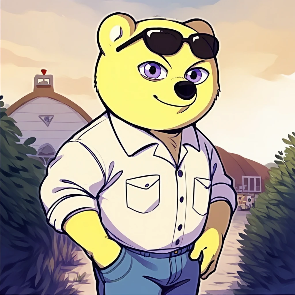 score_8_up, score_9, 1boy, male, solo, bear, yellow fur, purple eyes, White polo shirt, jeans ((one hand on pocket)), one hand holding a cigarrette, outdoors, sunglasses on the head, looking at viewer, smiling