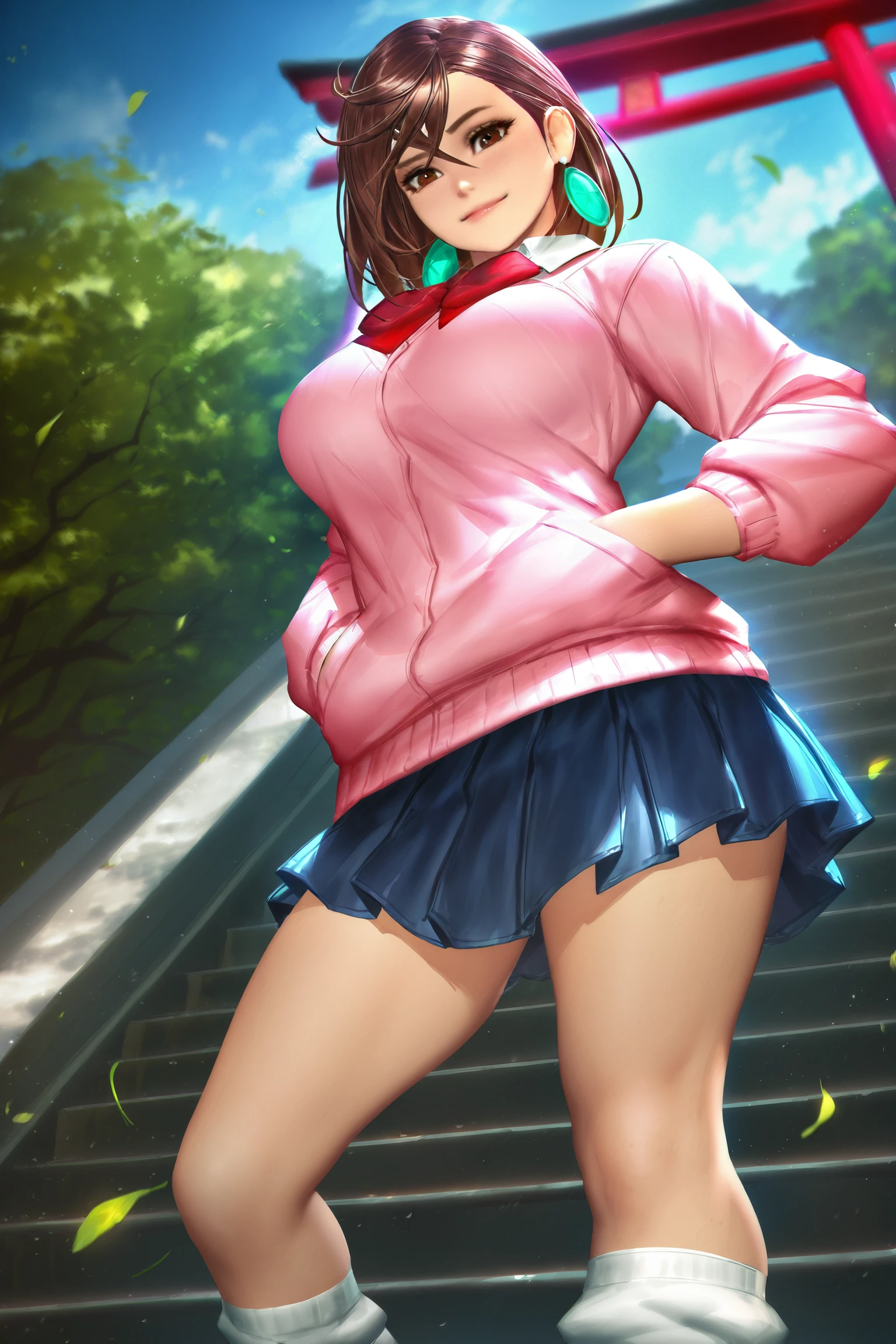 (masterpiece), (best quality), (intricate details, very aesthetic), absurdres, highres, 1girl,  <lora:momo_ayase-Illustrious:1> ayase_wz, medium hair, brown hair, brown eyes, large breasts, chocker, red bowtie, , pink cardigan,  long sleeves, blue skirt, pleated skirt, miniskirt, school uniform, earrings, collared shirt, white shirt, loose socks, white socks, torii, outdoors, blue sky, nature, stairs, standing, from below, light smile, cinematic light, general, hand in pockets, falling leaves, tree, temple, blurry background, neoartcore,