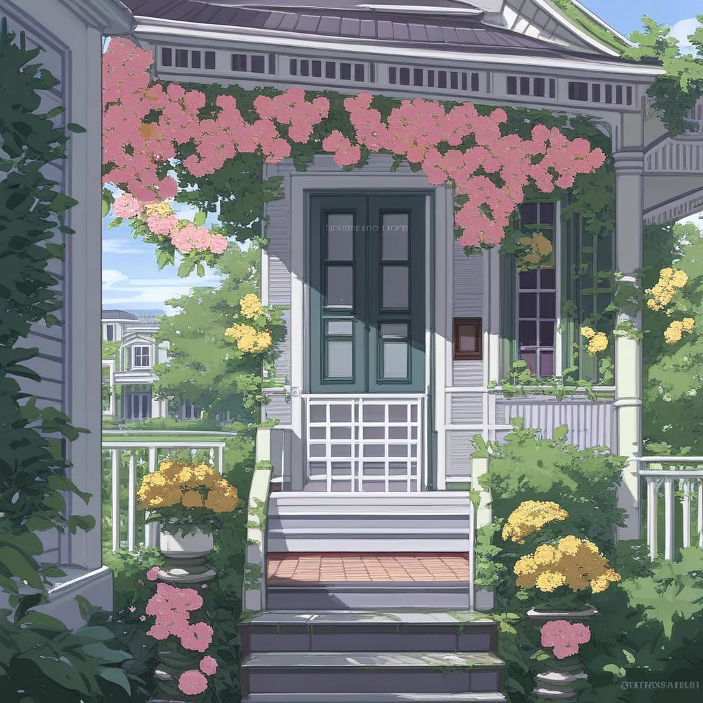 score_9, p0rch, day, pink flower, building, bush, scenery, railing, door, watermark, window,  no humans, sky, stairs, yellow flower, plant, outdoors