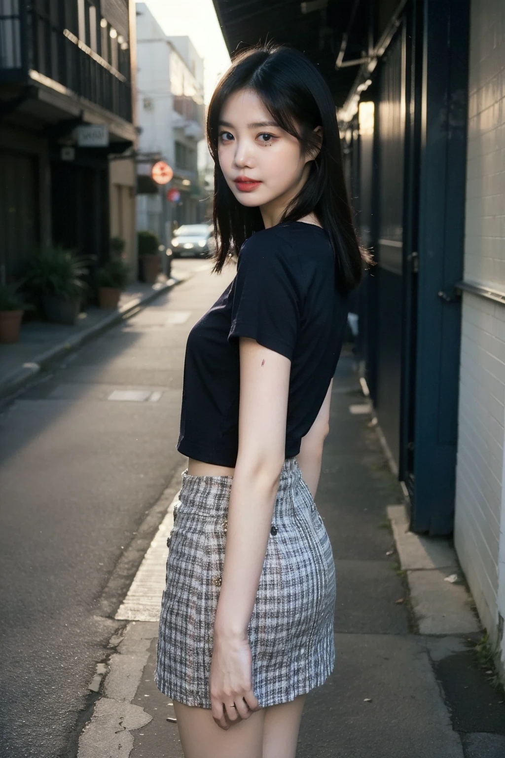 (realistic), (hyperrealism),best quality, masterpiece,ultra high res, (photorealistic:1.4),1girl,pale skin,(looking at viewer:2),street alley,
cowboy shot,    <lora:makina69_soojin_v1.0:1>, casual clothes, skirt