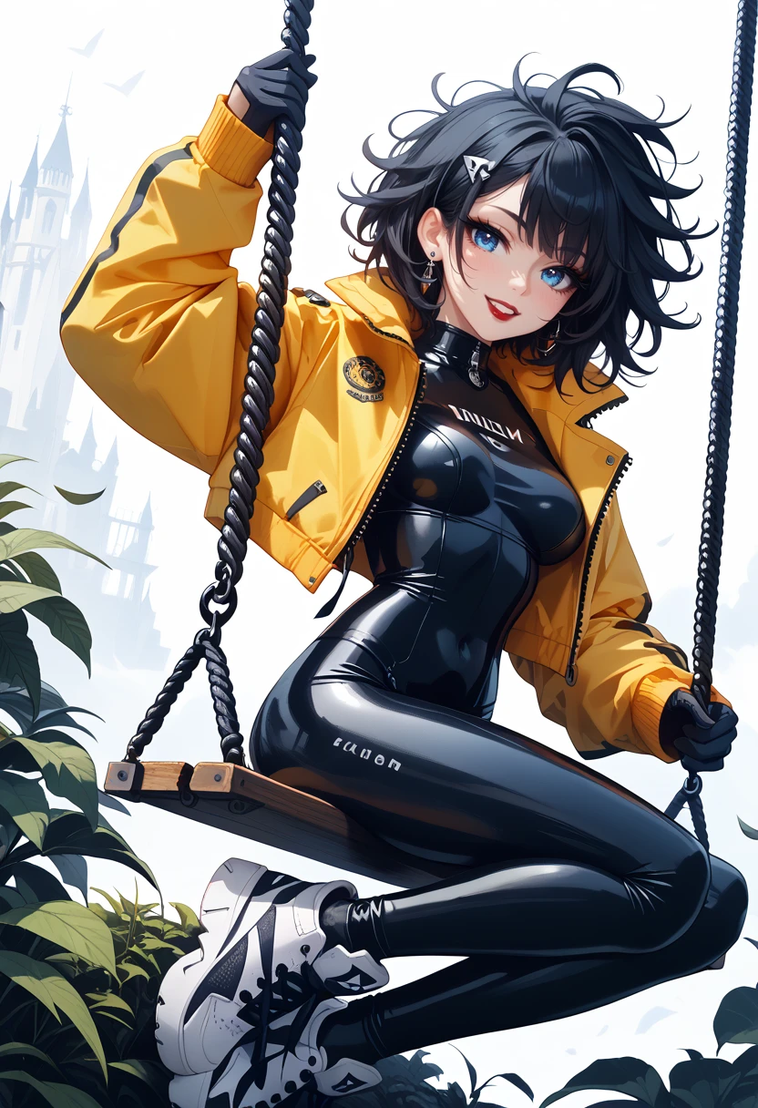 masterpiece,best quality, highly detailed, score_9, score_8_up, score_7_up, score_6_up, 
1girl, sk997cos_bodysuit, sk01 jacket, sk02 sneakers, yellow jacket, 
medium shot, 18 year old girl, cute innocent girl, slender body,
sexy black hair, messy hair  long thick eyelashes, eye contact, perfect eyes, blue eyes, Goth girl,
Seated on a swing, she leans back, her laughter echoing through the air as she soars to new heights ,
dark red lipstick, black eye shadow, 
seductive smile,
black gloves, white background,
 <lora:997sk cosplay PonyV3:0.8>