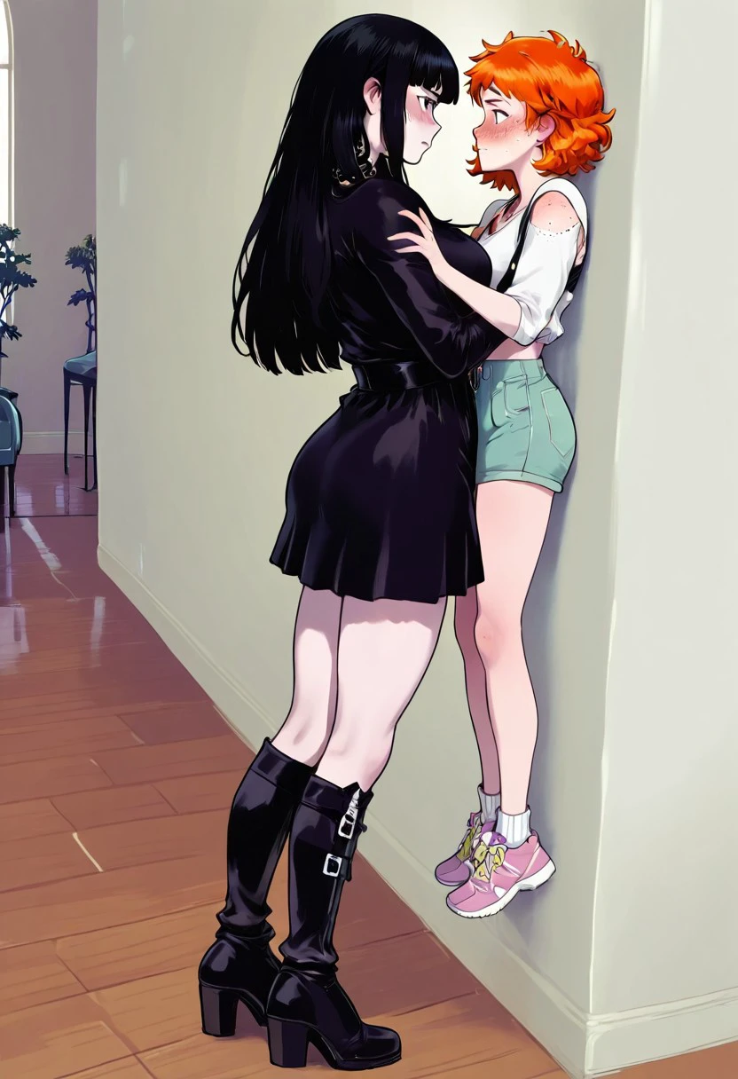 masterpiece, best quality, newest, absurdres, highres, LaurenPhillipsLifting-Meme-IL, multiple girls, 2girls, looking at another, blush, yuri, eye contact, height difference, tall female lifting short female, BREAK 1girl, goth, goth girl, gothic, black hair, tall female, lifting, BREAK 1girl, orange hair, ginger, freckles, blush, lift, short female,