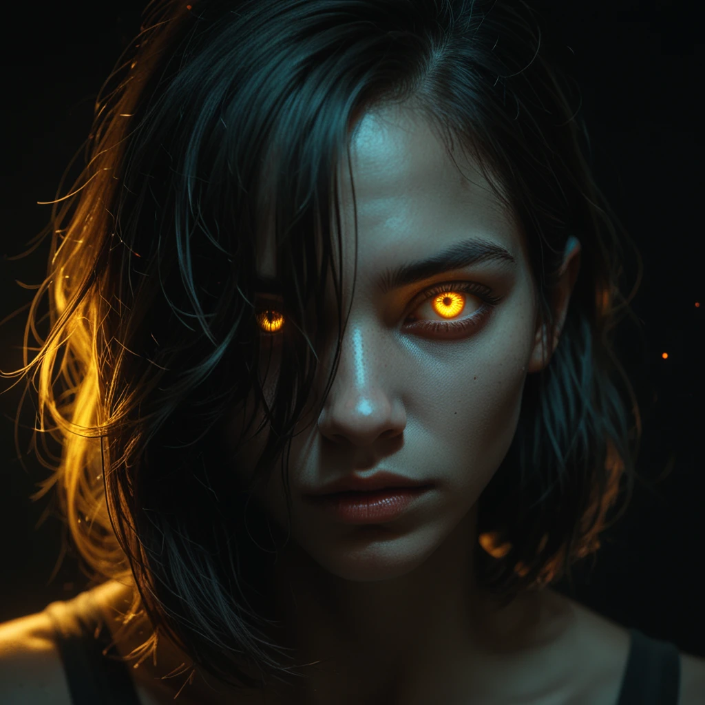 black background, darkness, dark room, concept art, pitch black, night, 1girl, 1eye in shadows, yellow glowing eye, hair over eye, face close up, illuminated, rim lighting, score_9, score_8_up, score_7_up, score_6_up, score_5_up, score_4_up