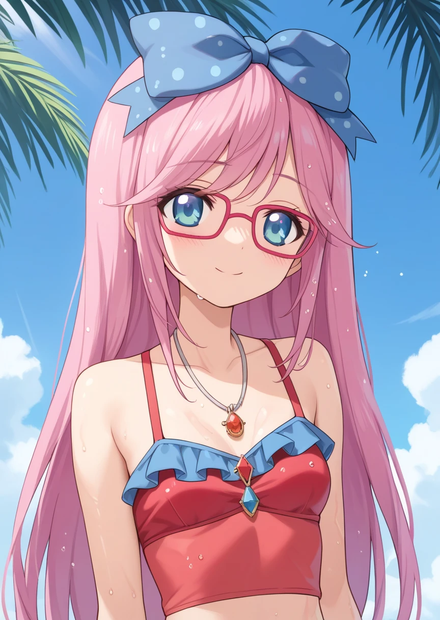 score_9, score_8_up, score_7_up, score_6_up, score_5_up, BREAK
humanluna, 1girl, solo, blue eyes, long hair, smile, jewelry, necklace, pink hair, swimsuit, red-framed eyewear, polka dot bow, wet hair, wet clothes, wet