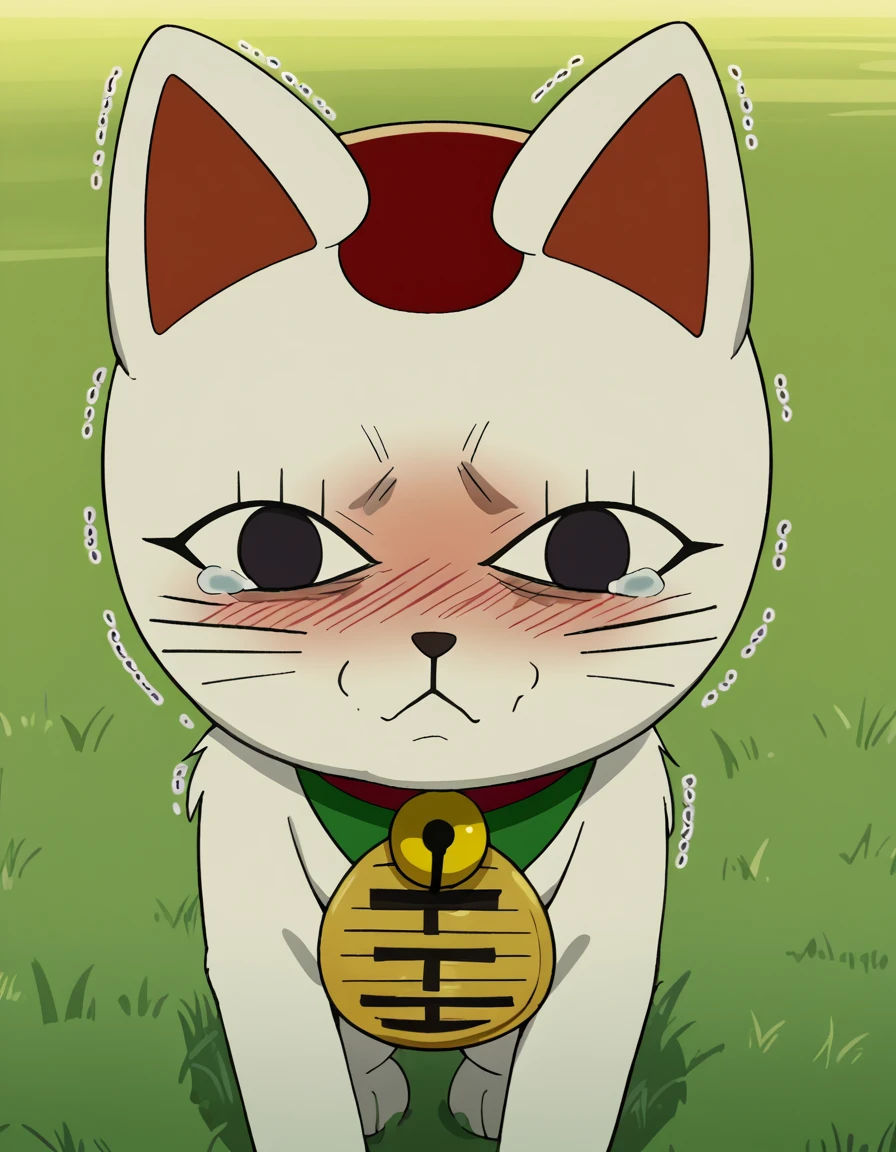 score_9, score_8_up, score_7_up, source_anime, <lora:turbo-granny-s1-ponyxl-lora-nochekaiser:1>, turbo granny, animal ears, cat ears, black eyes, no humans, cat, furry, animal focus, white fur, whiskers, maneki-neko, anime screencap,, collar, bell, neck bell, coin,, hill, grass, open, landscape, sky, , <lora:ijimeka-ponyxl-lora-nochekaiser:1> ijimeka, ijimeka (meme), meme, full-face blush, trembling, embarrassed, wavy mouth, tears, tearing up, blush, looking down, cowboy shot,, looking at viewer, solo,, dutch angle, cowboy shot