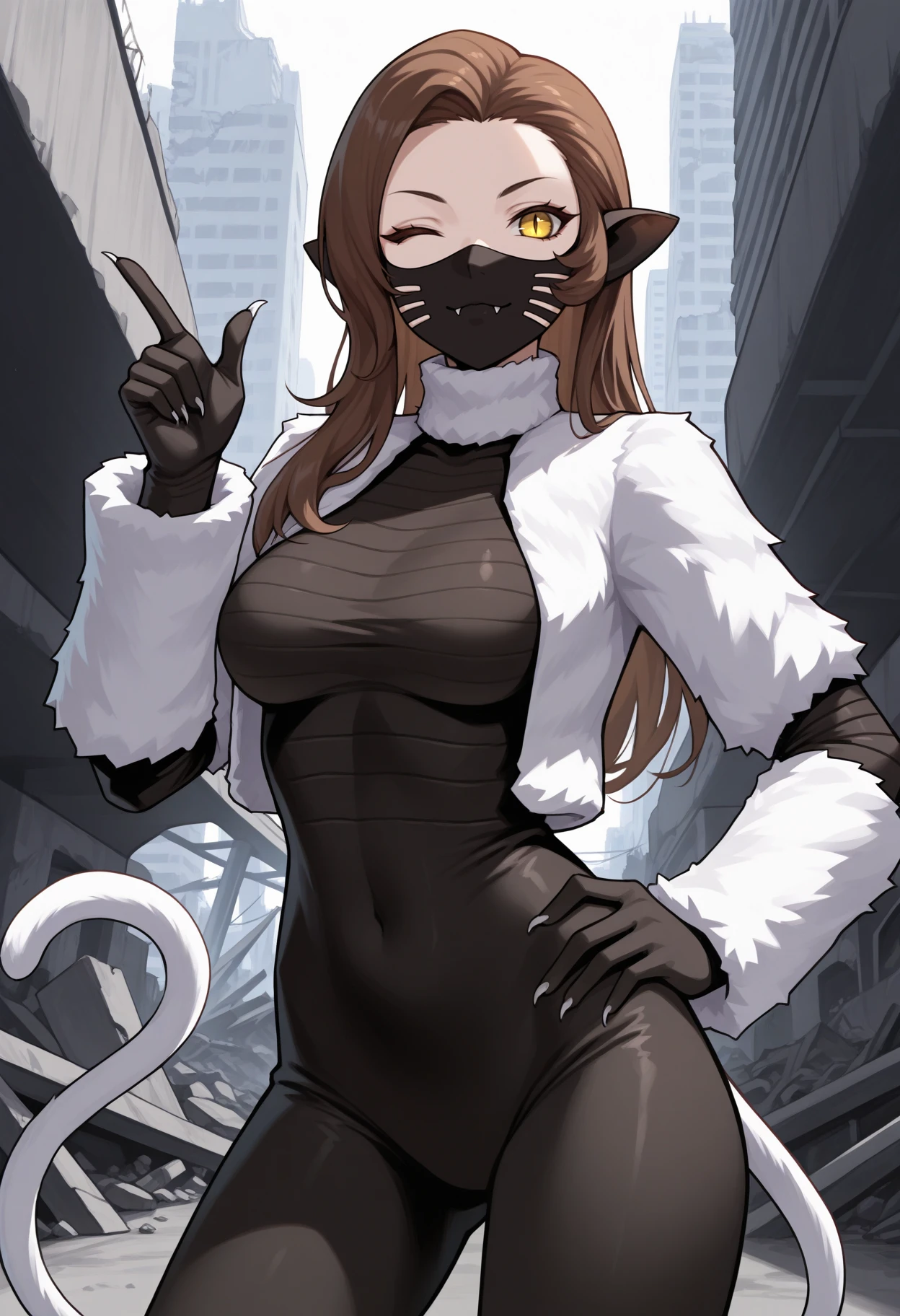 masterpiece, best quality, 1girl, hand on own hip, wink, finger gun, hand up, contrapposto, <lora:NekomataSMT-illu:1> nekSMT, brown hair, long hair, yellow eyes, slit pupils, mouth mask, fangs, pointy ears, white cropped jacket, fur jacket, claws, open jacket, long sleeves, black bodysuit, medium breasts, cat tail, white tail, overpass, city, ruins