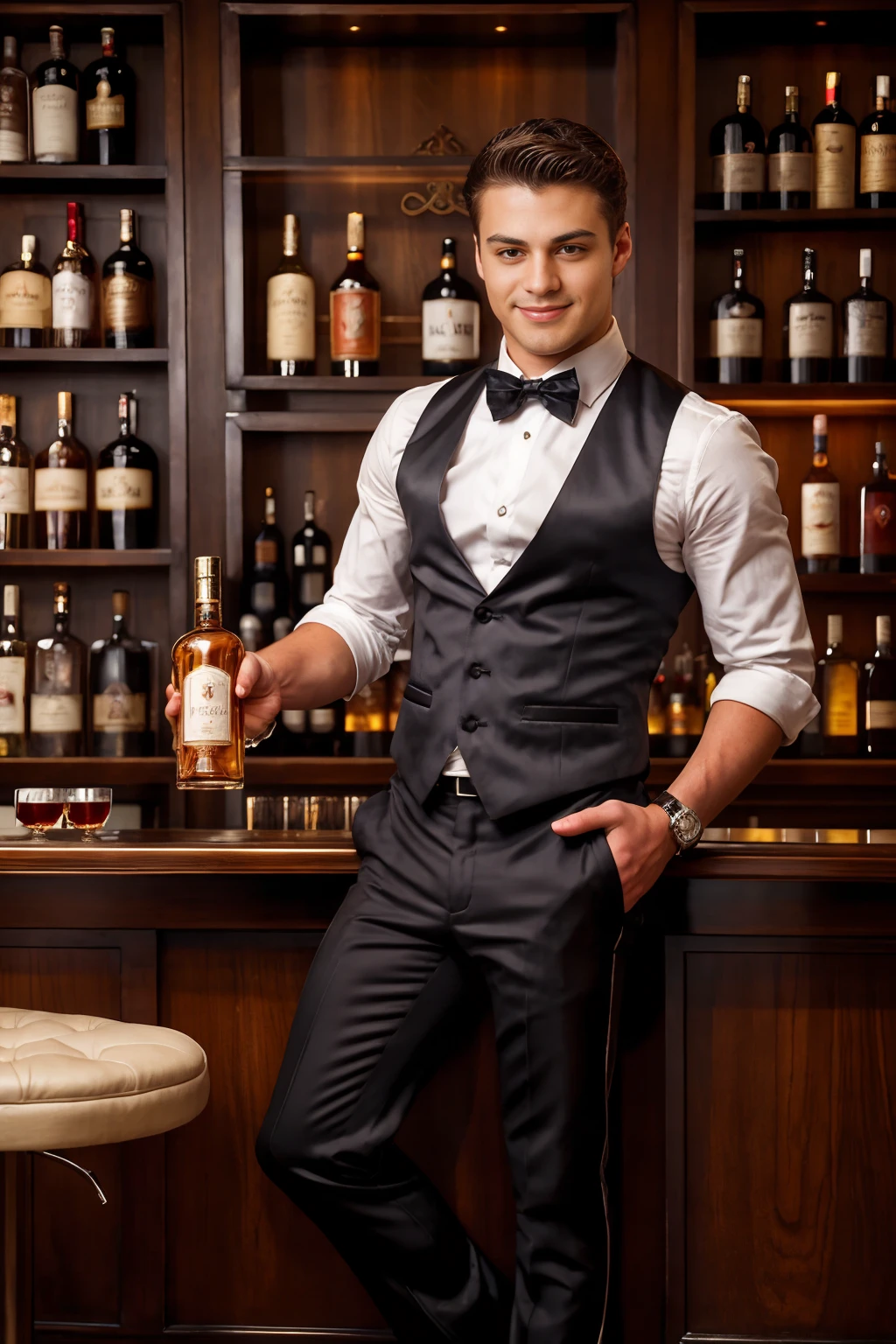 luxury hotel bar, shelves of alcohol bottles on wall, smiling, holding cognac bottle, HunterPage, bartender, sexybartender, white shirt, black vest, black pants, red bowtie, ((full body portrait))  <lora:HunterPage:0.8>   <lora:Clothing - Sexy Bartender_v1.1:0.3>