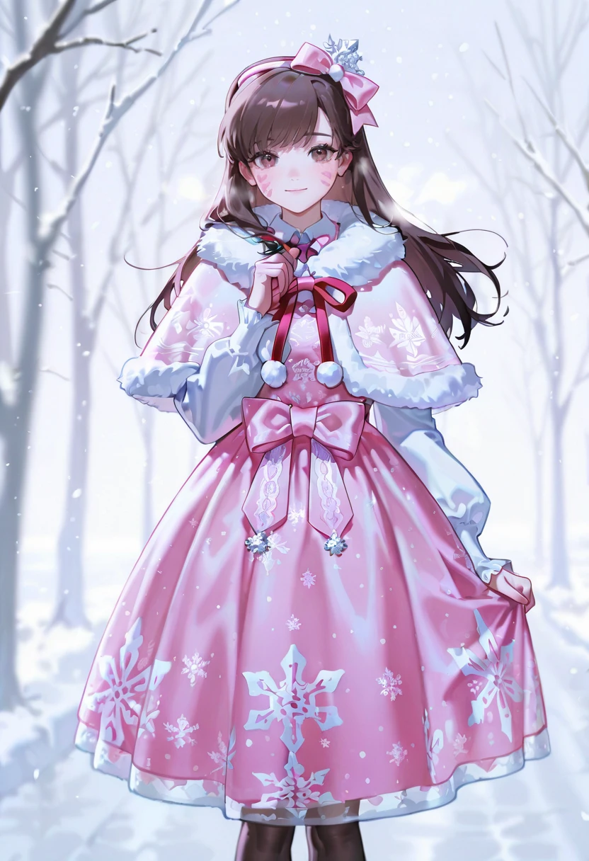 pink smc dress, bow, fur-trimmed capelet,snowflake print,snowing,1girl,solo,konya_karasue,looking at viewer,d.va (overwatch)