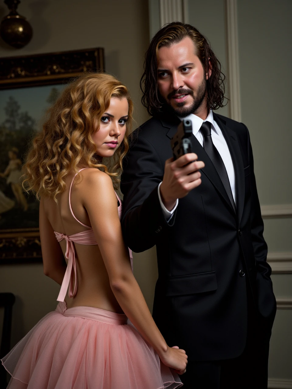 This is a photorealistic picture of beautiful j3ssi3, full body view, j3ssi3 has curled blonde hair, detailed, intimate j3ssi3 is dressed up as a ballerina, Jj3ssi3 is posing along side Keaunu Reeves as John Wick, j3ss3i is holding an automatic gun in her hand, John Wick is wearing his signature stylish suit, John Wick is holding a large shotgun, John Wick has long wet black hair, black beard, extremely detailed face, extremely detailed sparkling eyes, extremely detailed skin, detailed perfect teeth, intricate details, hyperrealistic, photorealistic, masterpiece, 4K, 8K, HDR, SFW,