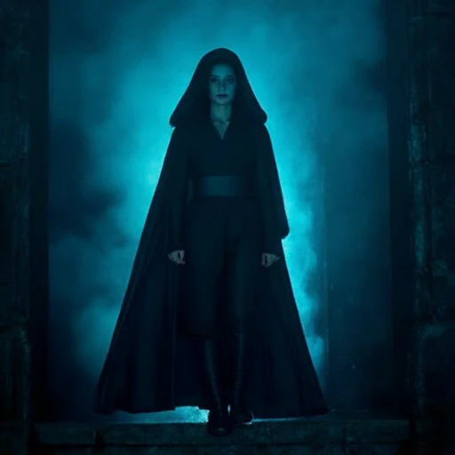 blue-green light casting long, medieval-inspired outfit. She wears a long, Rey. The image is a digital artwork, a character from the Star Wars franchise. She stands confidently on a set of stone steps in what appears to be an ancient, cinched at the waist by a wide black belt., with large, shadowy background, " featuring Daisy Ridley as Rey. She is standing in a dimly lit