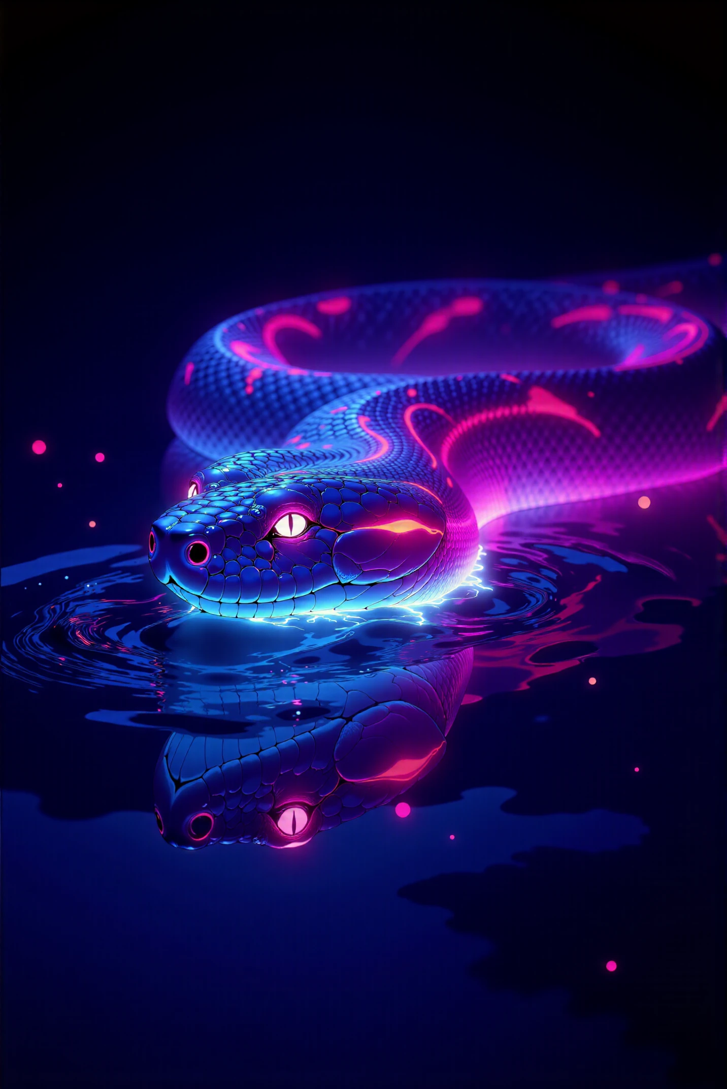 A mesmerizing digital illustration features a (from above close shot:1.3) of a majestic snake gliding calmly across the surface of still water at night, its sleek and elegant form glowing brightly with a flawless gradient of luminous colors. The snakeâs smooth, sinuous body glows with an ethereal radiance, creating a striking contrast against the very dark, almost black background that envelopes the scene. Starting from the snakeâs head, the gradient begins with an intense, vivid pink glow contours its triangular head, with softly glowing reflections shimmering across the waterâs surface. The snake's eyes are sharp and serene, catching the same pink light, giving them an otherworldly, hypnotic brilliance. As the gradient flows smoothly down the snakeâs body, the pink transitions into a rich cyan-blue hue glow of the midsection with electric energy. The cyan-blue light reflects in the water, creating rippling reflections that shimmer outward in concentric circles, as though the snakeâs glow is breathing life into the stillness. Further down, the gradient deepens into a cool, vivid indigo-blue at the snakeâs tail, where the light becomes softer yet intensely luminous, diffusing into fading out glowing trails beneath the water, as if the snake leaves behind a stream of liquid light. The water itself mirrors the glowing gradient perfectly, with smooth, glass-like reflections of pink, cyan-blue, and indigo-blue glowing on its surface. Subtle ripples form where the snakeâs body touches the water, distorting the glow slightly and creating a dreamlike interplay of light and motion. The edges of the ripples catch the neon glow, spreading faint, radiant hues outward in soft, glowing waves. The dark, undefined background serves as a stark canvas, enhancing the vivid luminescence of the snake and its reflections. Tiny, glowing particles float gently in the air and water, like suspended embers of light, adding depth and atmosphere to the composition. Rendered in a neon-surrealist and contemporary glowing art style, the illustration utilizes flawless gradients, intricate detailing, and volumetric light diffusion effects to create a captivating and magical visual. The calm yet radiant snake becomes a beacon of luminous beauty in the dark stillness of its nocturnal world, evoking a sense of serenity and mystery.  <lora:DGLO_style_v.6:0.8>