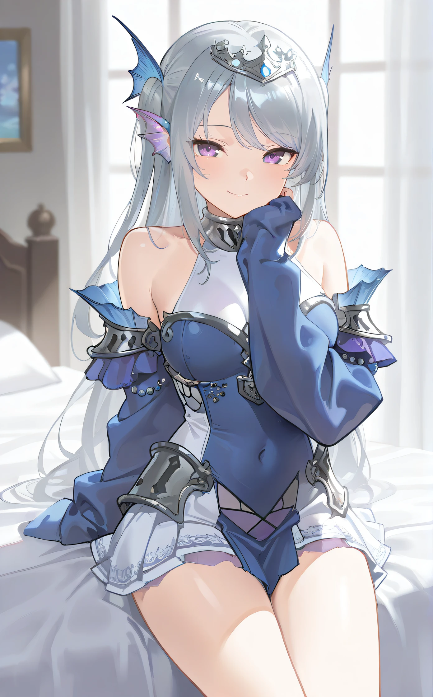 masterpiece, best quality, highres, newest, scenary, 1girl, <lora:IL_Tearlaments_Scheiren:1>, scheiren, purple eyes, ear fins, tiara, sleeves past wrists, looking at viewer, smile, indoor, cowboy shot, sitting on bed