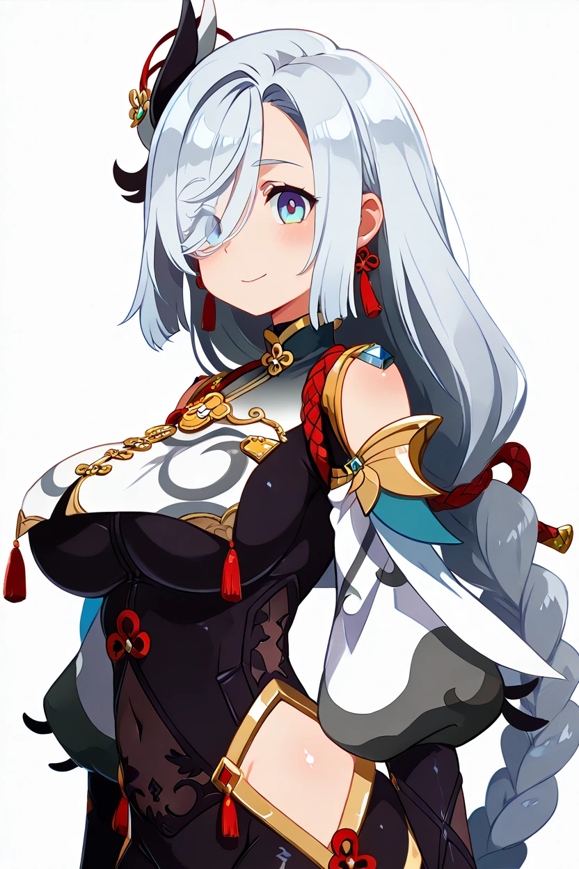 masterpiece, best quality, solo, curvy, beautiful eyes,,<lora:ShenheGenshinIXL:1.0>, zzShenhe, blue eyes, eyes visible through hair, hair over one eye, braided ponytail, grey hair, hair ornament, long hair, white hair, large breasts, very long hair, braid, tassel, gloves, bodysuit, jewelry, breast curtain, black bodysuit, upper body, side view, smile, looking at viewer, shiny skin,<lora:HaradaTakehitoIXL_v3:1.3>, <lora:ZankuroIXLLight_v2:0.6>,