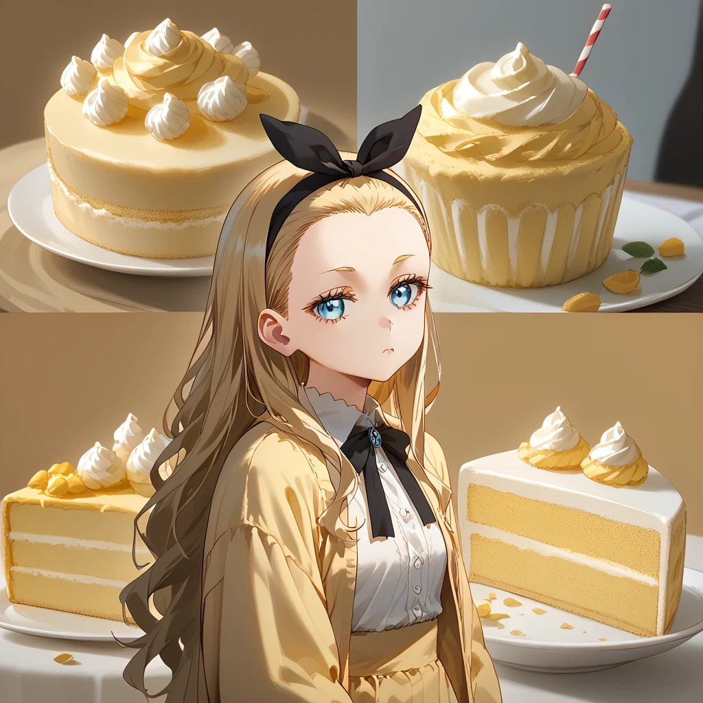 score_9, score_8_up, score_7_up, 1girl, solo, kurumi \(lycoris recoil\), blonde hair, hair ribbon, long hair, black ribbon, black hairband, forehead, blue eyes, food and drink background, jalebi trend, cream puff, cake <lora:Food_and_drink_background_-_Jalebi_trend:0.95>  <lora:Kurumi:1> <lora:Cream_puff:0.5>