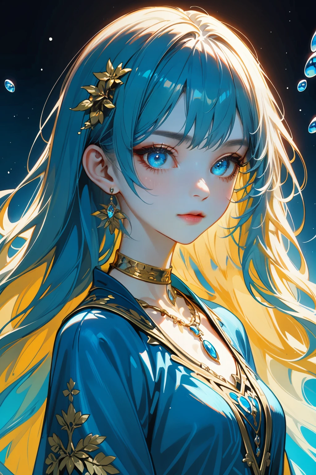 hezi,brilliant color,brush texture,beauty,A fantasy-themed digital illustration featuring a female character,she has long blue hair and bright blue eyes,adorned with small golden horn-**** accessories on her head,wearing a detailed blue and white dress with gold embroidery,a choker necklace with a blue pendant,and earrings,the character has a serene expression,the background depicts a dynamic blue ocean with waves and bubbles,the overall color palette is dominated by shades of blue and white,the artwork combines elements of fantasy and elegance,capturing a mystical and enchanting atmosphere.,<lora:çº¯å½©ç»ä¸½è´¨æ-000016:0.65>,